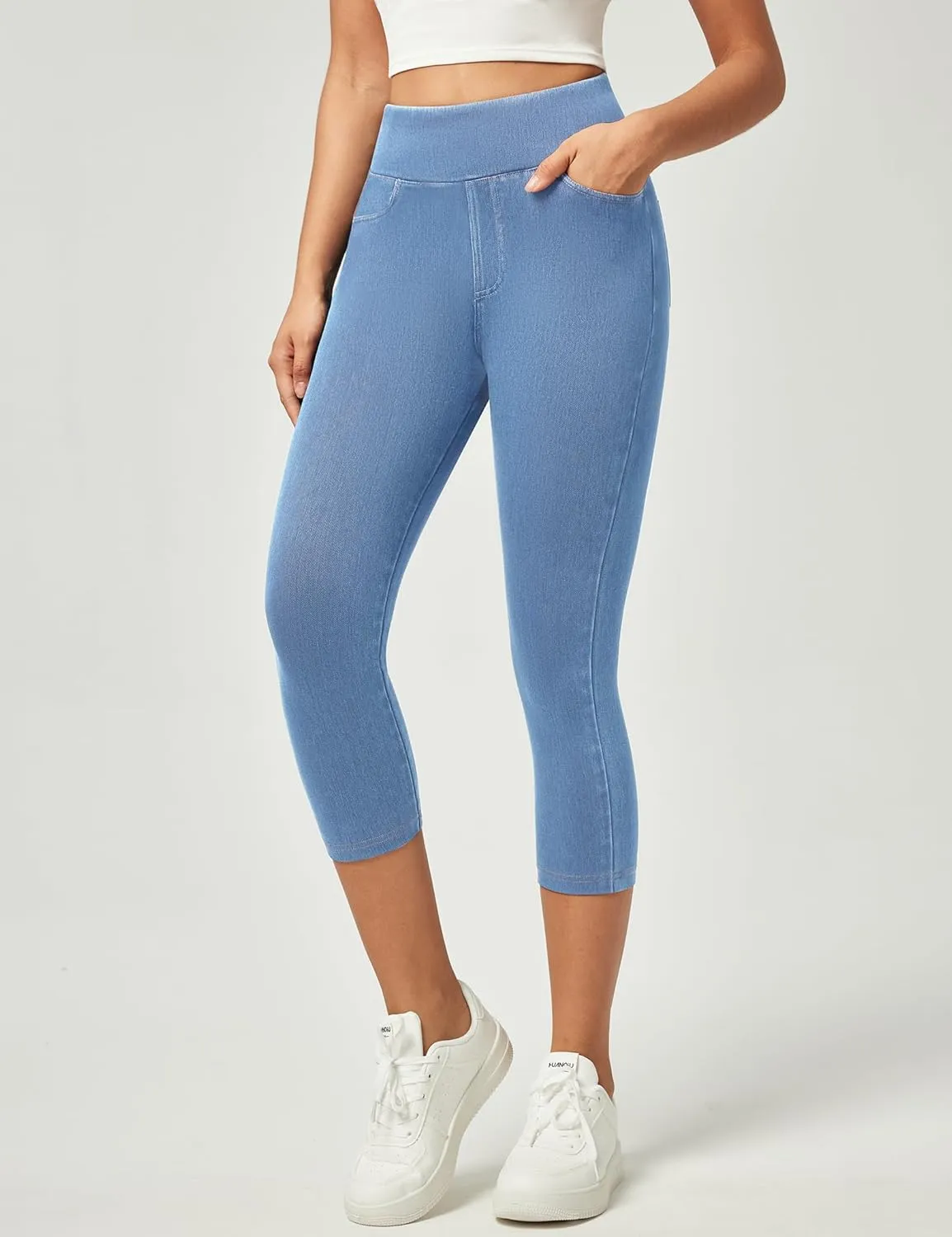 IUGA Jeggings for Women Pull On Capri Jeans Stretchy Jean Capris High Waisted Denim Capri Leggings Casual Pants with Pockets