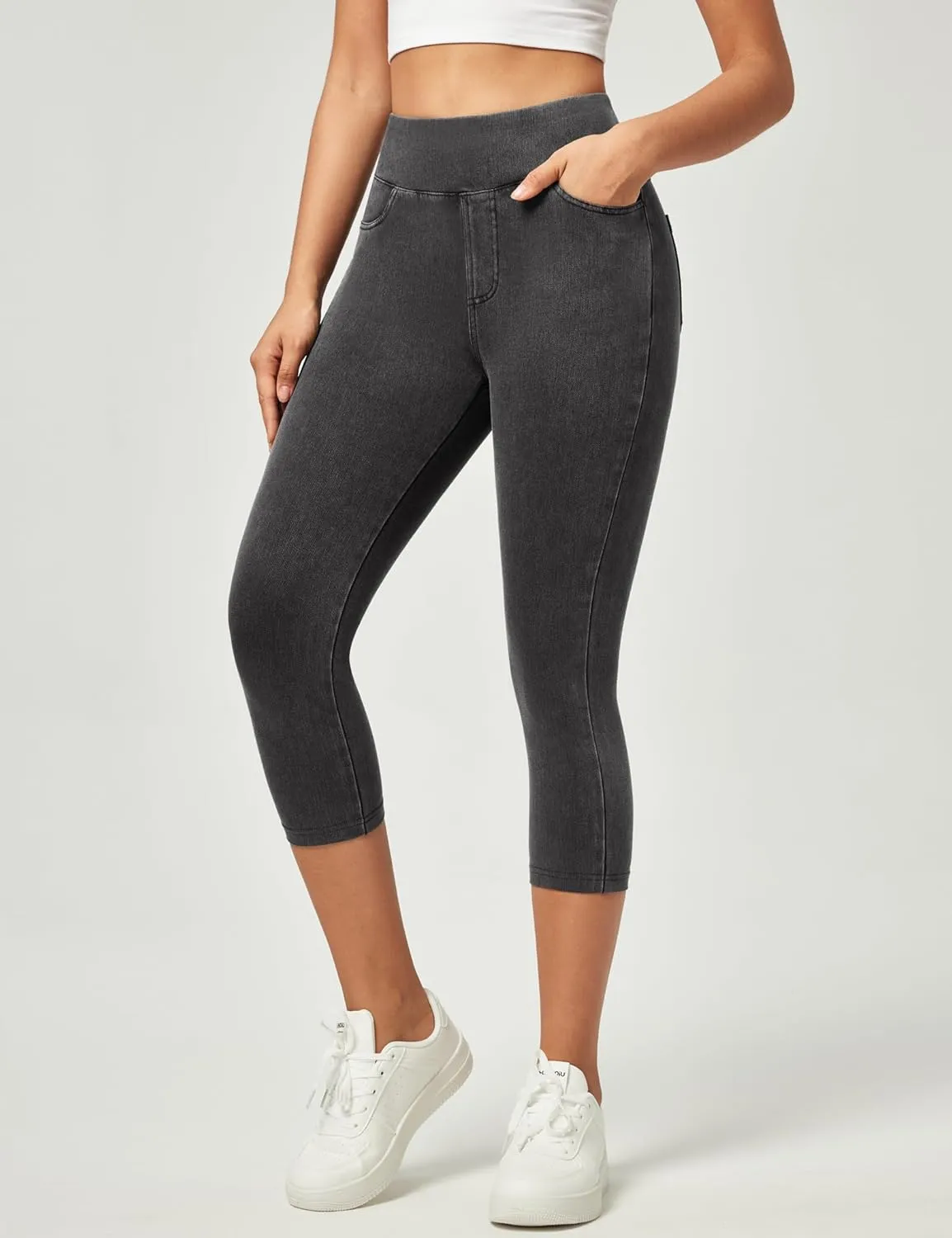 IUGA Jeggings for Women Pull On Capri Jeans Stretchy Jean Capris High Waisted Denim Capri Leggings Casual Pants with Pockets