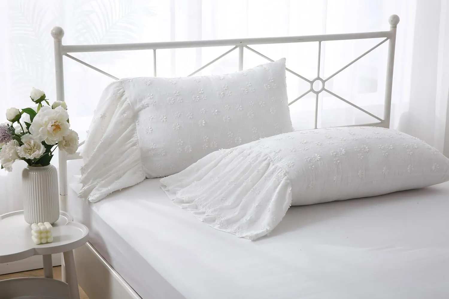 Ivory Lolita 3D Flowers Pillow Shams with Long Ruffles 100% Cotton Off White Lace Pillowcases Standard Twin Size 26"X20" 2-Pack