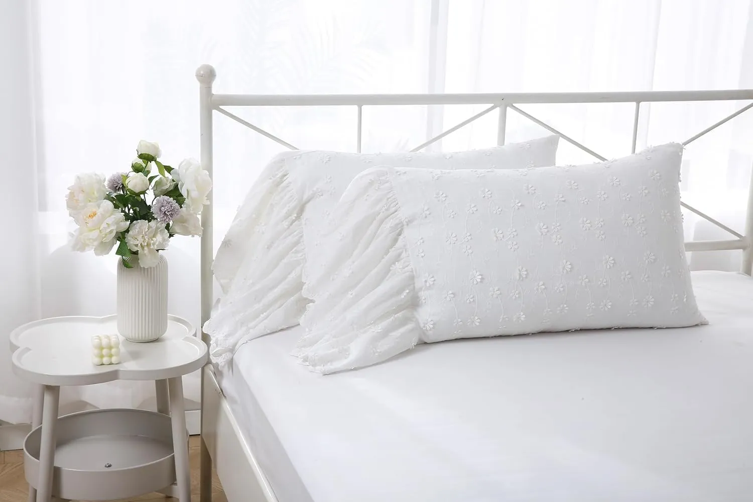 Ivory Lolita 3D Flowers Pillow Shams with Long Ruffles 100% Cotton Off White Lace Pillowcases Standard Twin Size 26"X20" 2-Pack