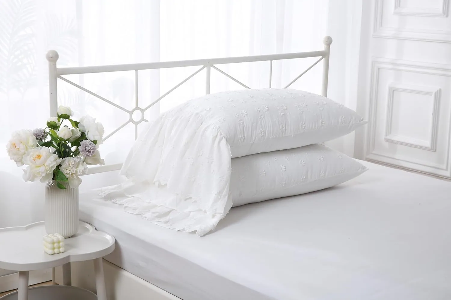 Ivory Lolita 3D Flowers Pillow Shams with Long Ruffles 100% Cotton Off White Lace Pillowcases Standard Twin Size 26"X20" 2-Pack
