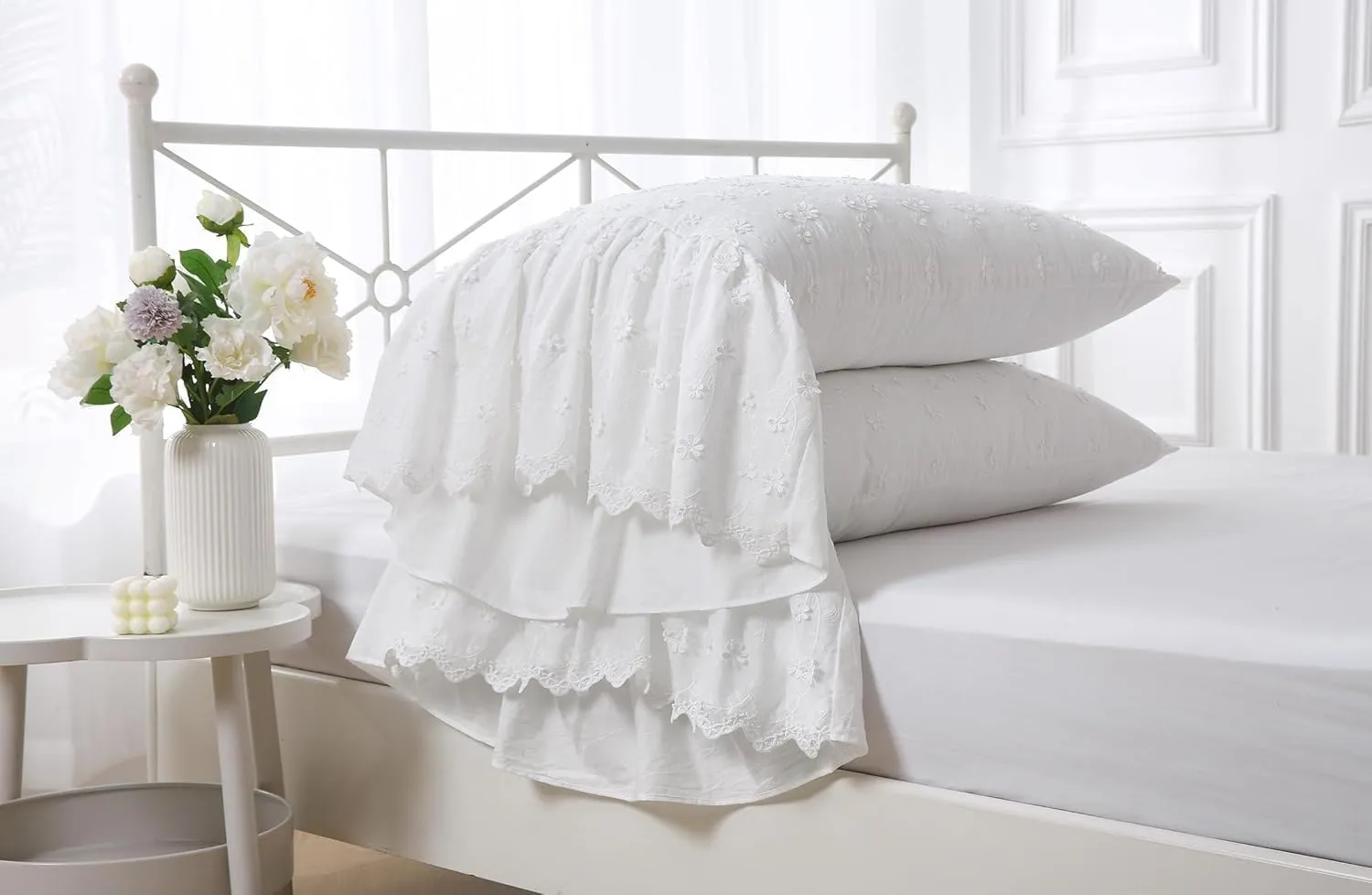 Ivory Lolita 3D Flowers Pillow Shams with Long Ruffles 100% Cotton Off White Lace Pillowcases Standard Twin Size 26"X20" 2-Pack