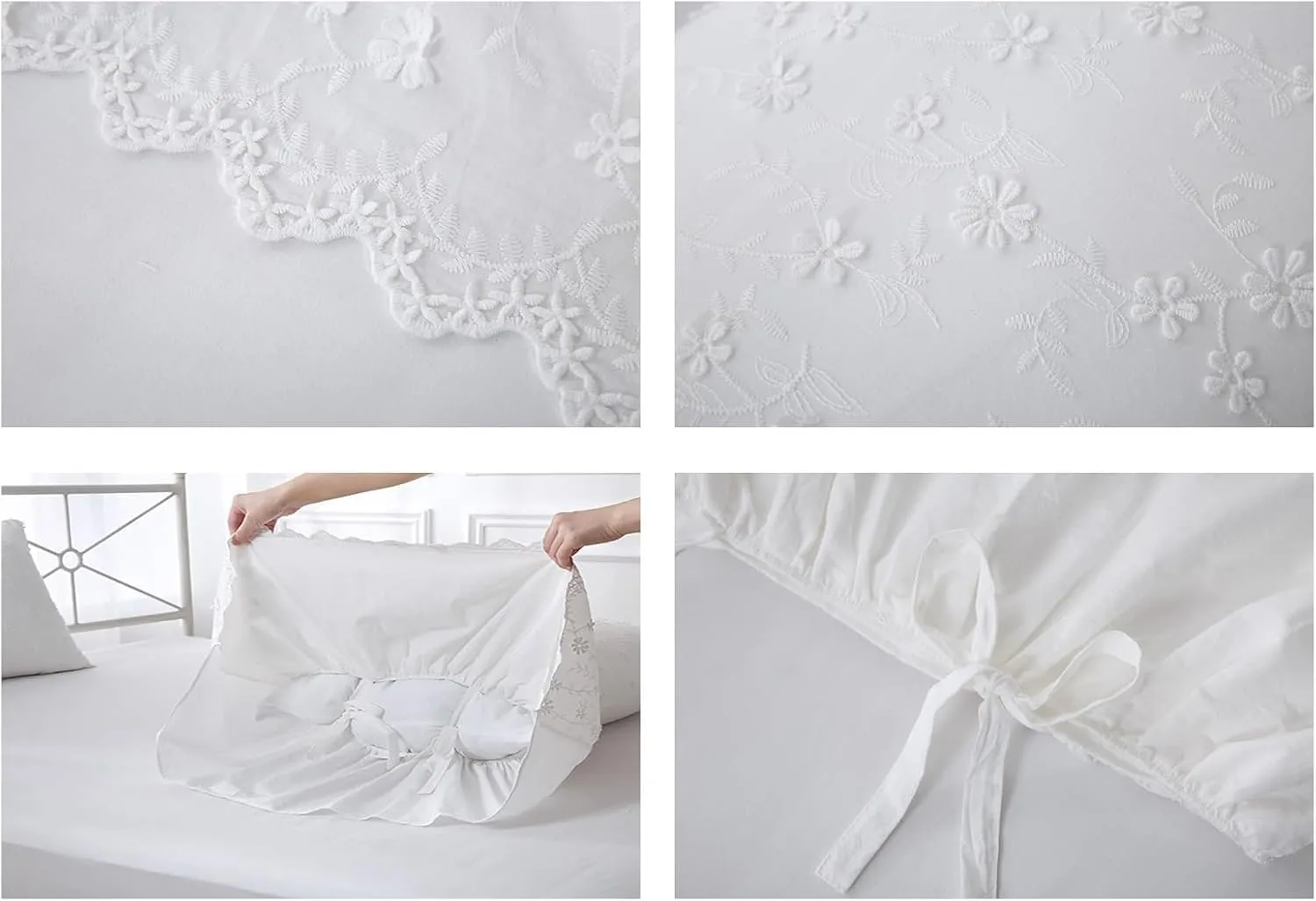Ivory Lolita 3D Flowers Pillow Shams with Long Ruffles 100% Cotton Off White Lace Pillowcases Standard Twin Size 26"X20" 2-Pack