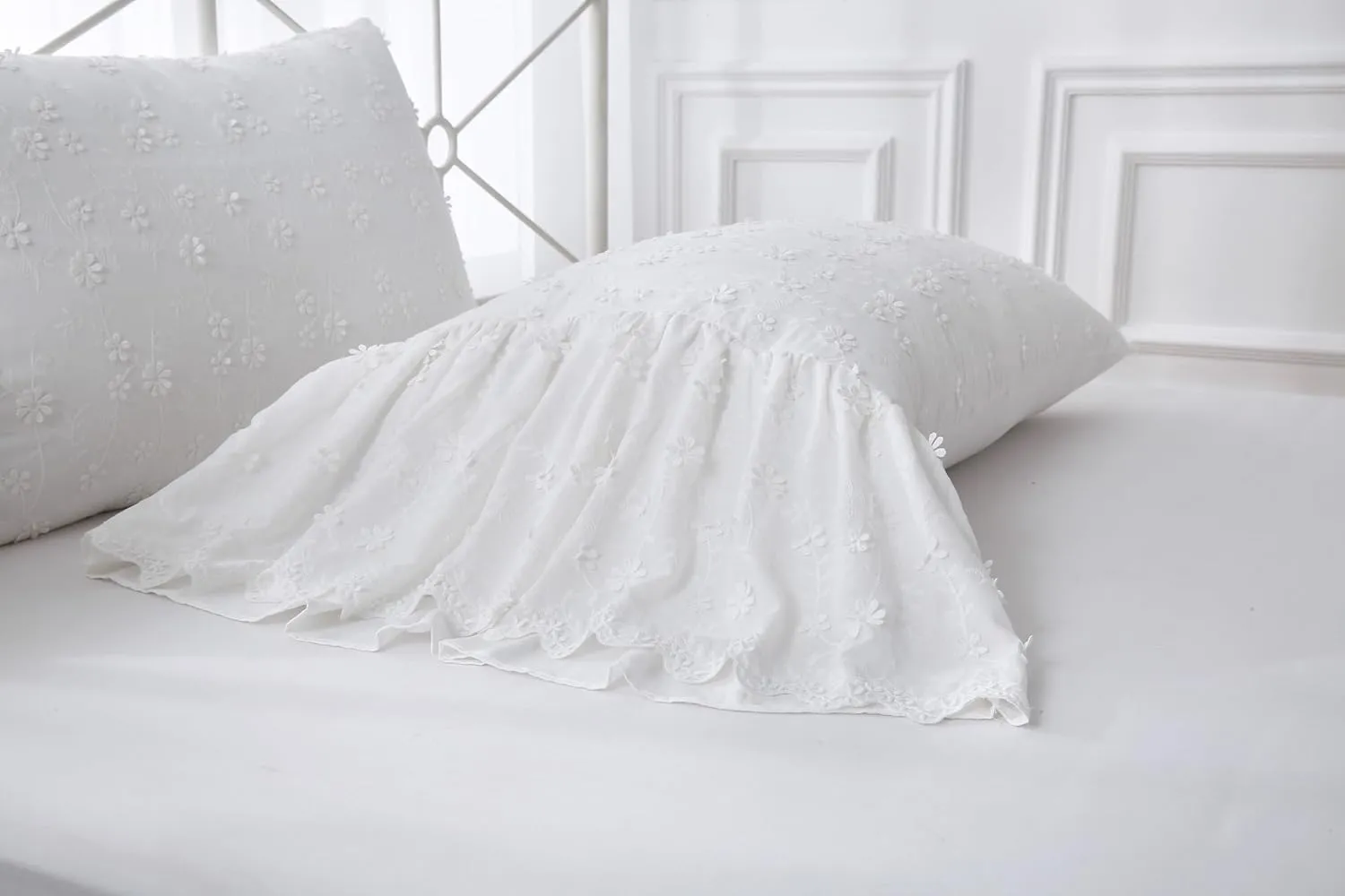 Ivory Lolita 3D Flowers Pillow Shams with Long Ruffles 100% Cotton Off White Lace Pillowcases Standard Twin Size 26"X20" 2-Pack