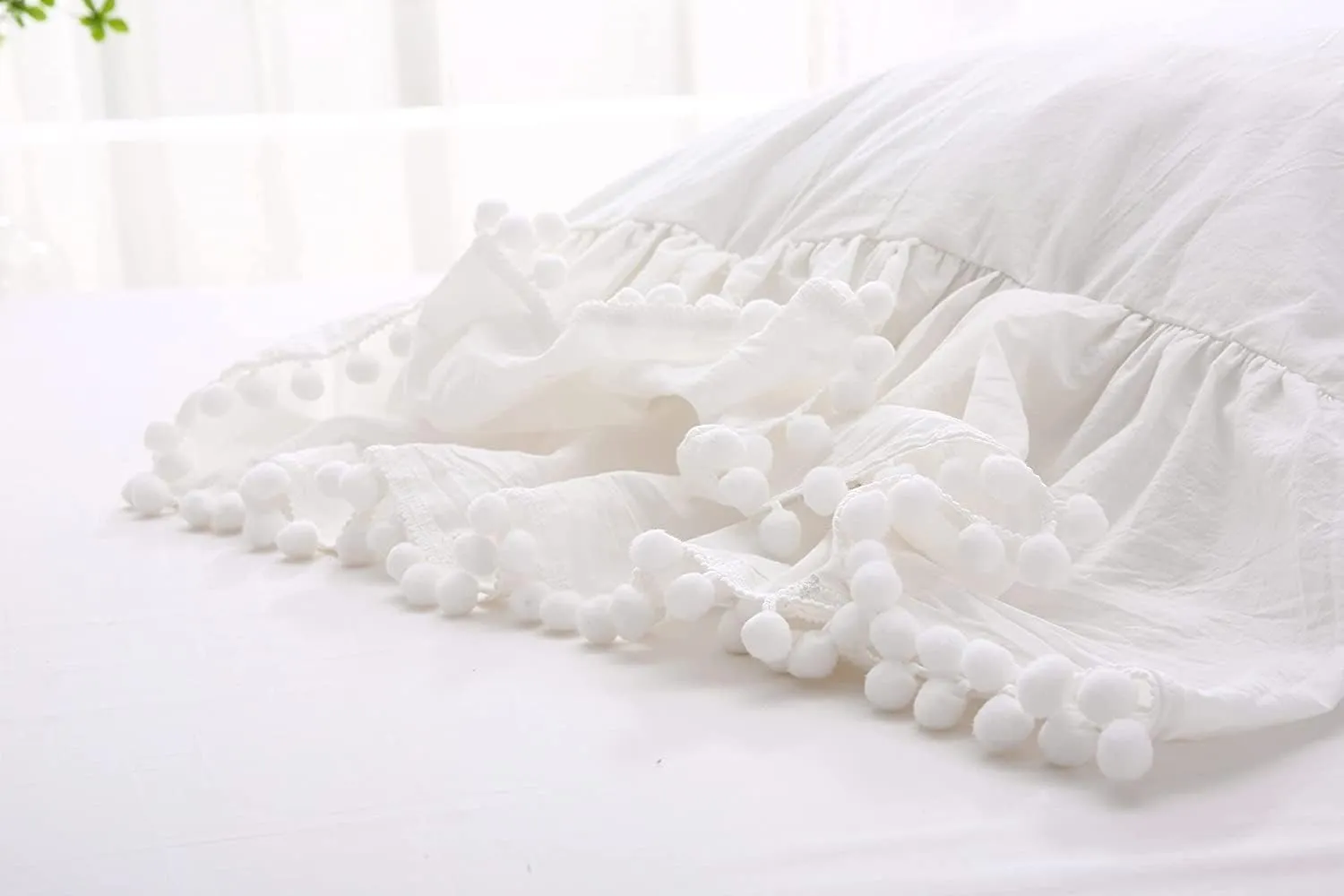 Ivory Ruffled Pillow Shams with Pom Poms Pillowcases Cotton Pillow Covers King Size 20"X36" Farmhouse French Country 2-Pack