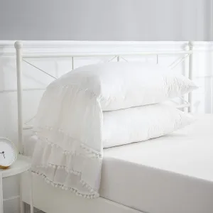 Ivory Ruffled Pillow Shams with Pom Poms Pillowcases Cotton Pillow Covers King Size 20"X36" Farmhouse French Country 2-Pack