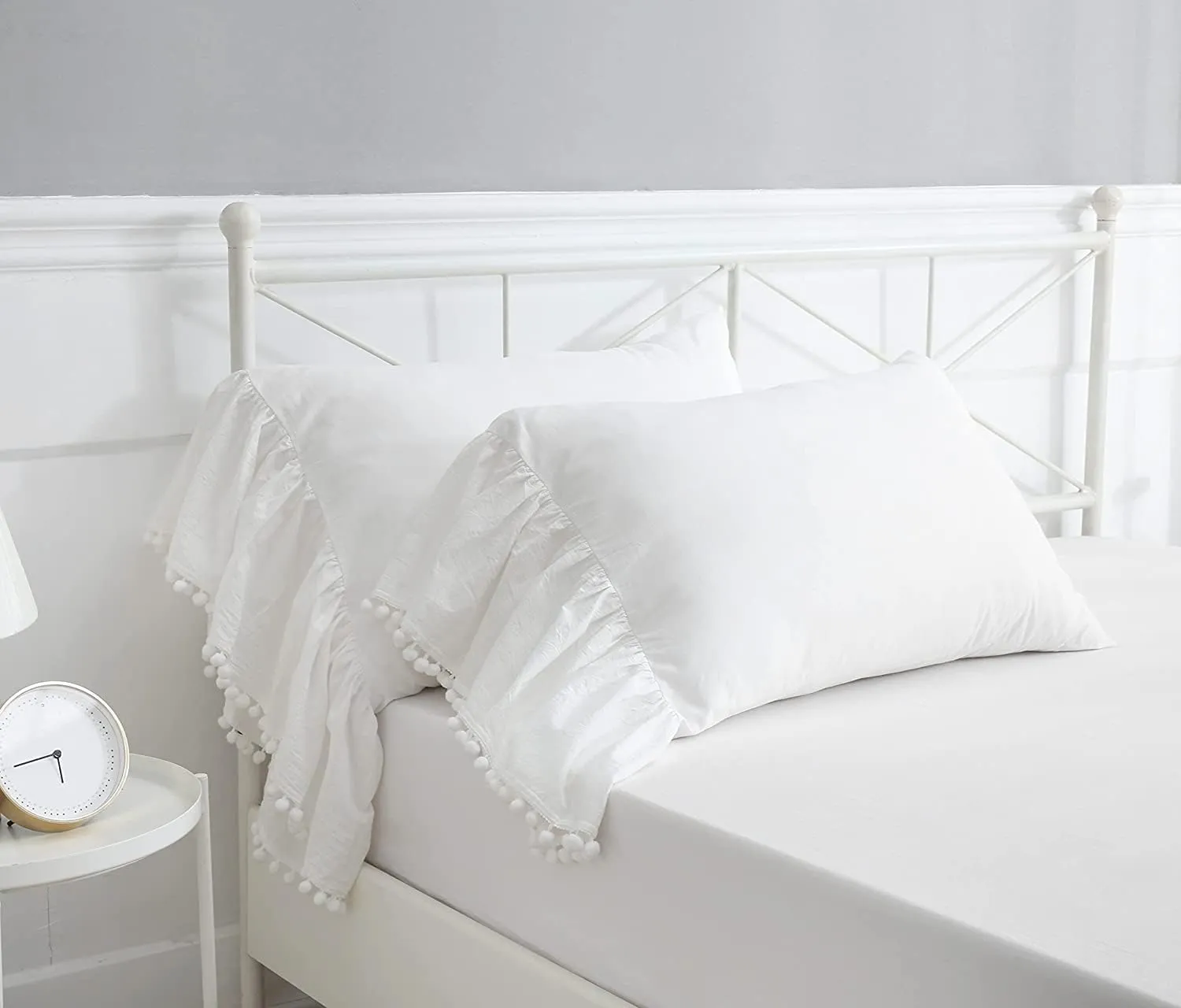 Ivory Ruffled Pillow Shams with Pom Poms Pillowcases Cotton Pillow Covers King Size 20"X36" Farmhouse French Country 2-Pack