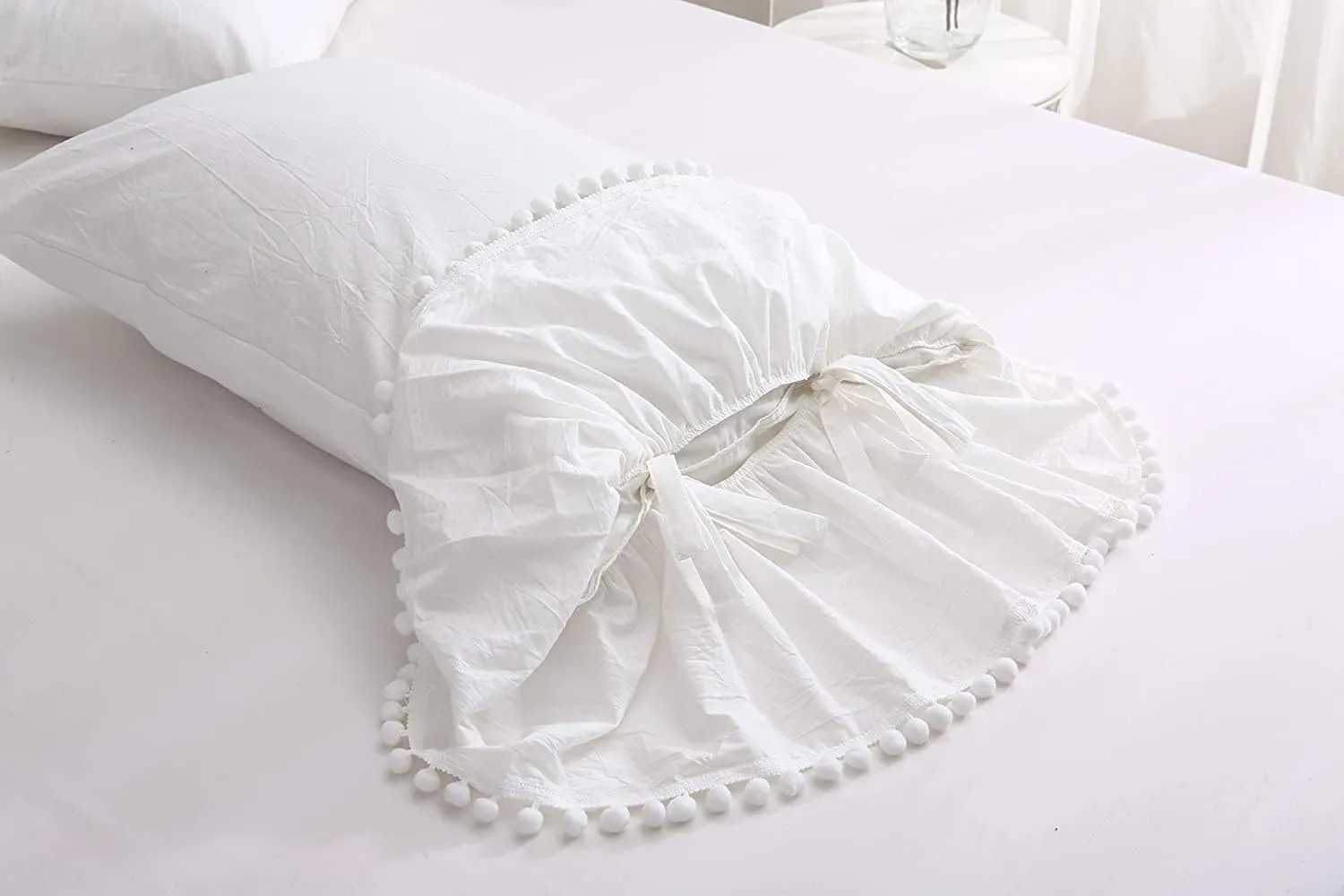 Ivory Ruffled Pillow Shams with Pom Poms Pillowcases Cotton Pillow Covers King Size 20"X36" Farmhouse French Country 2-Pack