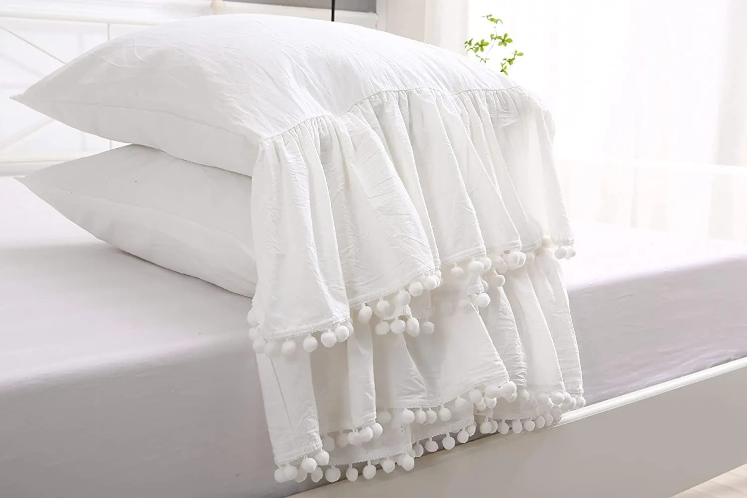 Ivory Ruffled Pillow Shams with Pom Poms Pillowcases Cotton Pillow Covers King Size 20"X36" Farmhouse French Country 2-Pack