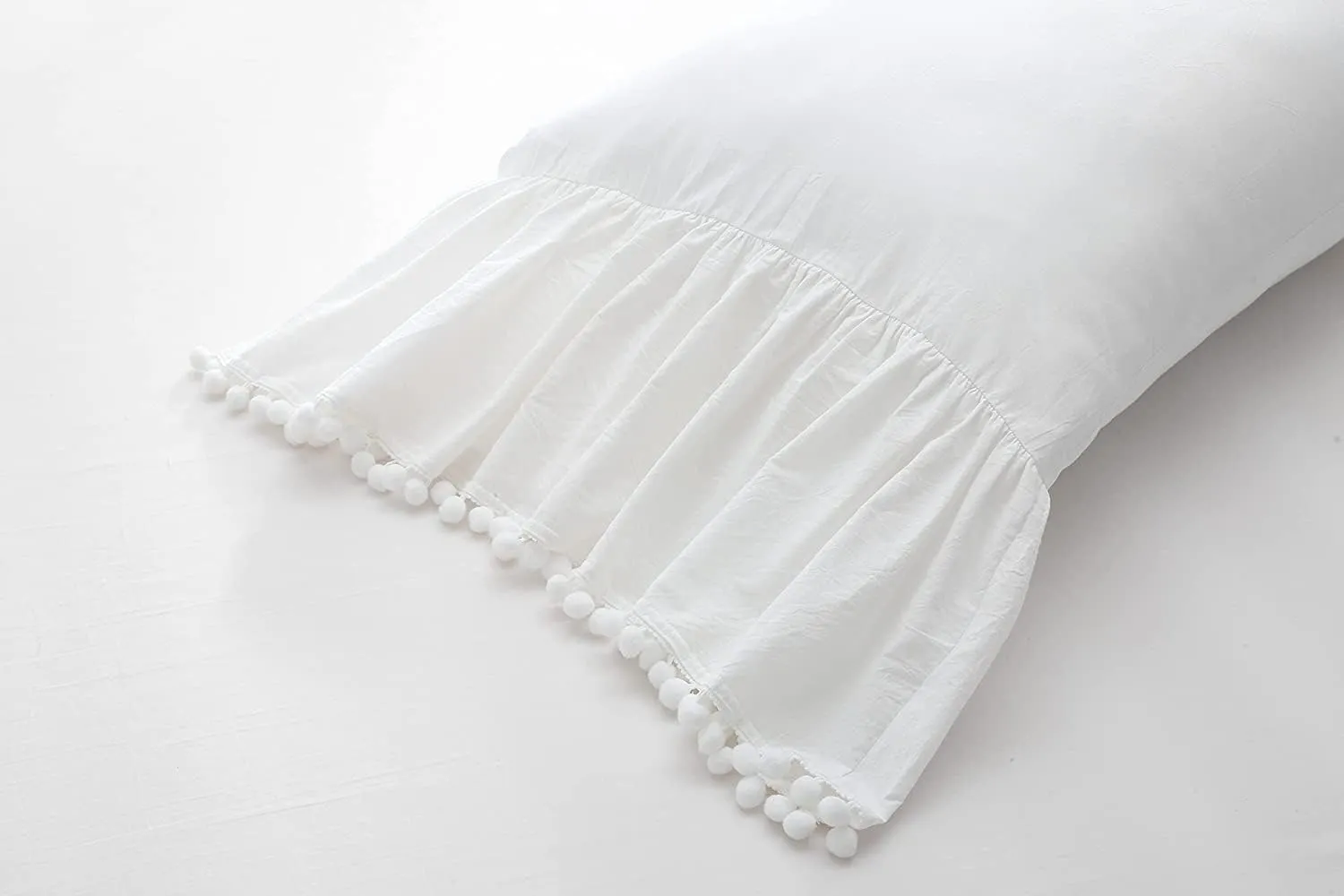 Ivory Ruffled Pillow Shams with Pom Poms Pillowcases Cotton Pillow Covers King Size 20"X36" Farmhouse French Country 2-Pack