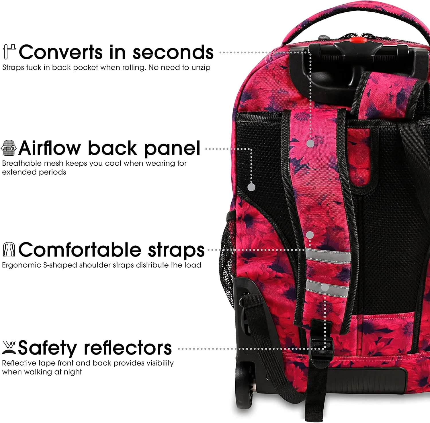 J World New York Sundance Rolling Backpack Girl Boy Roller Bookbag, Bellis, 20 Inch