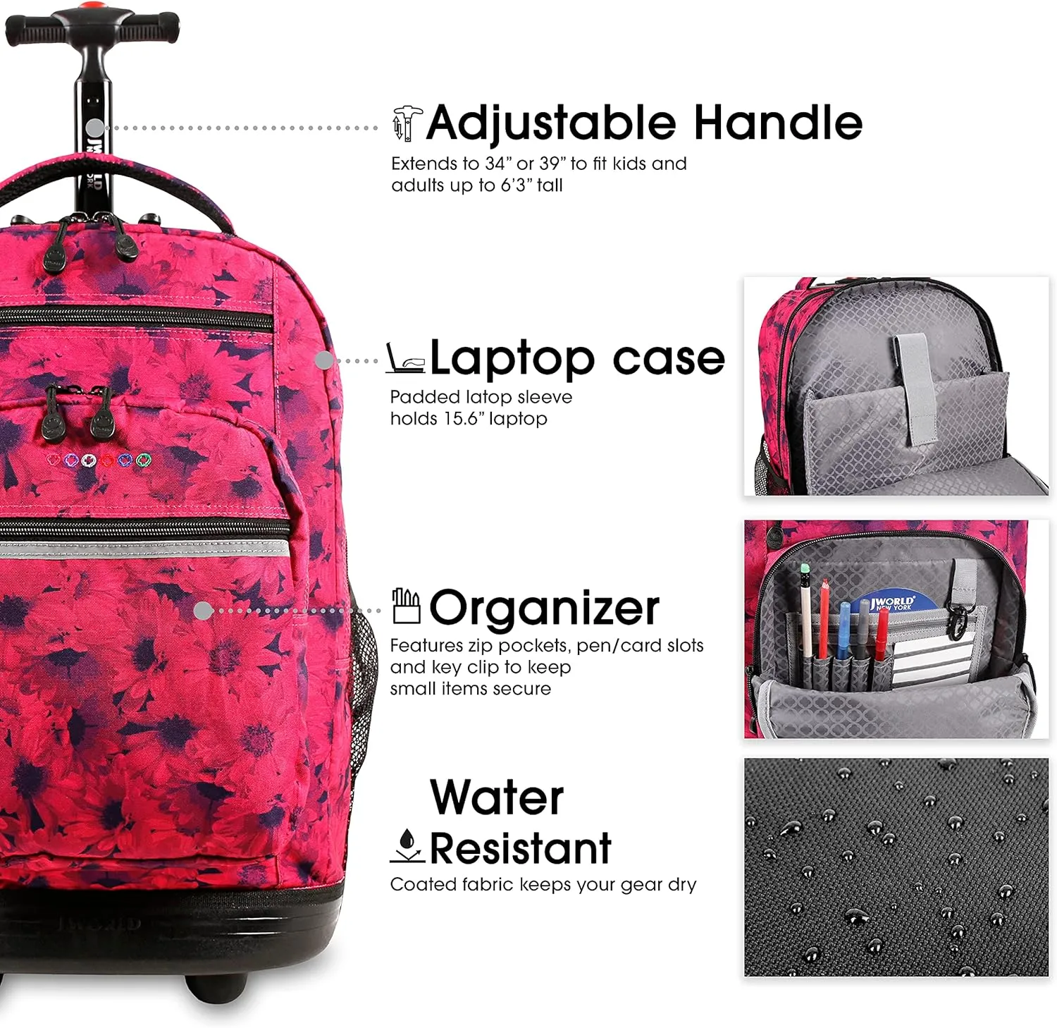 J World New York Sundance Rolling Backpack Girl Boy Roller Bookbag, Bellis, 20 Inch