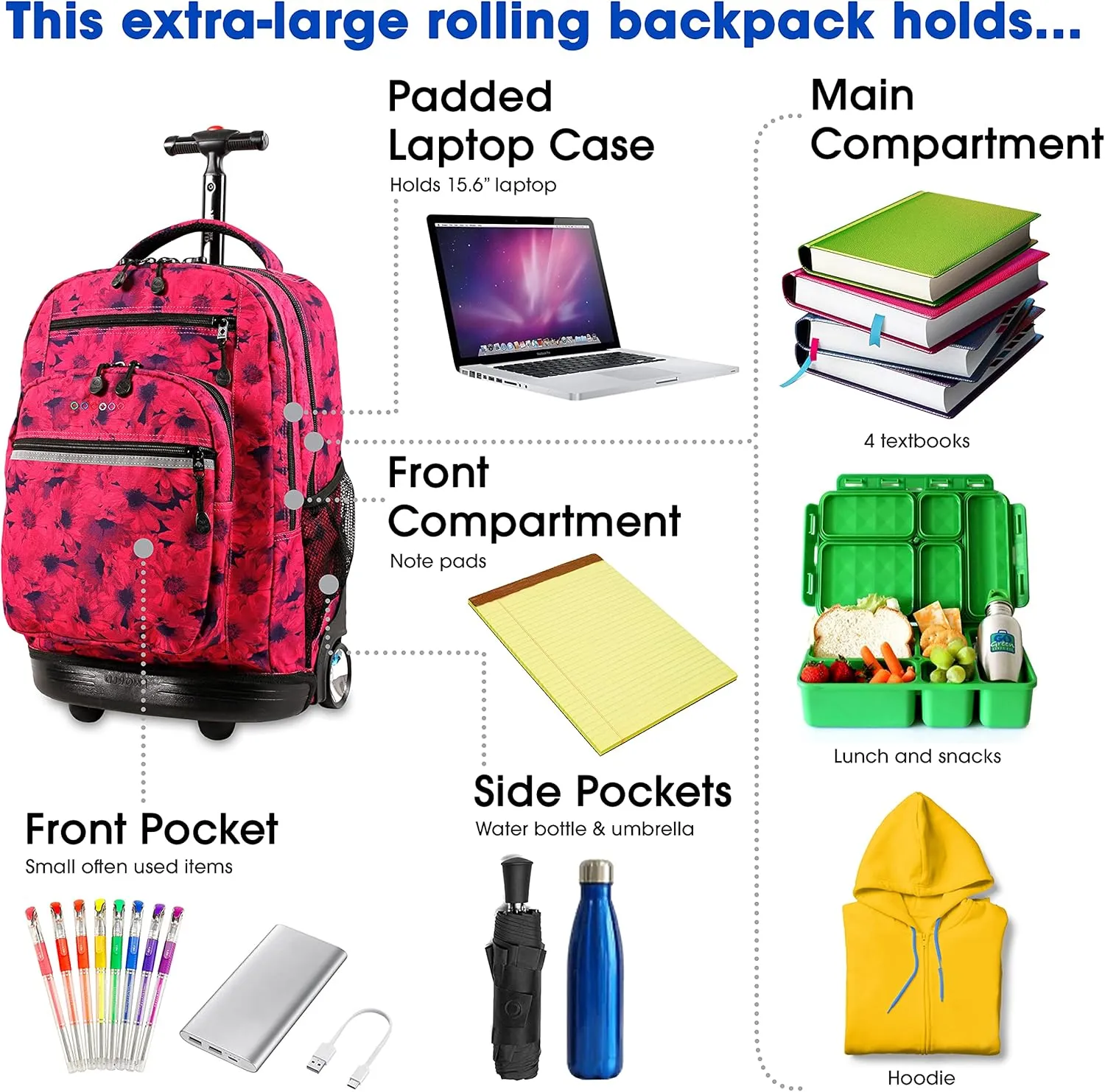 J World New York Sundance Rolling Backpack Girl Boy Roller Bookbag, Bellis, 20 Inch