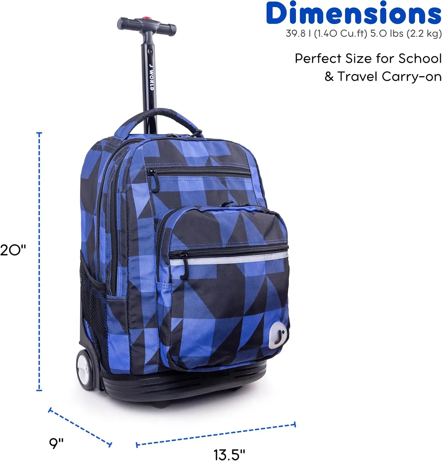 J World New York Sundance Rolling Backpack Girl Boy Roller Bookbag, Block Navy, 20 Inch
