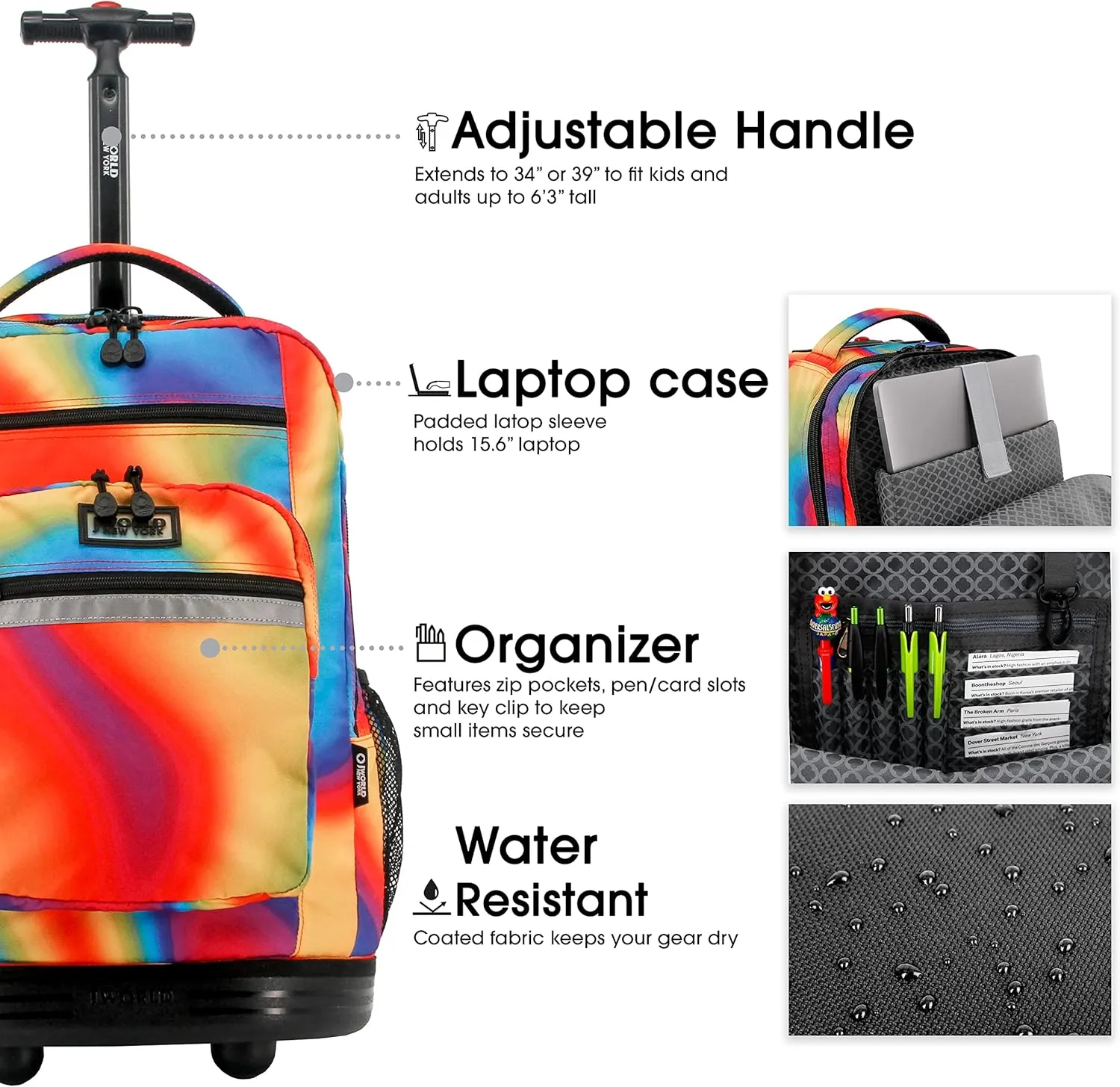 J World New York Sundance Rolling Backpack Girl Boy Roller Bookbag, Heat, 20 Inch