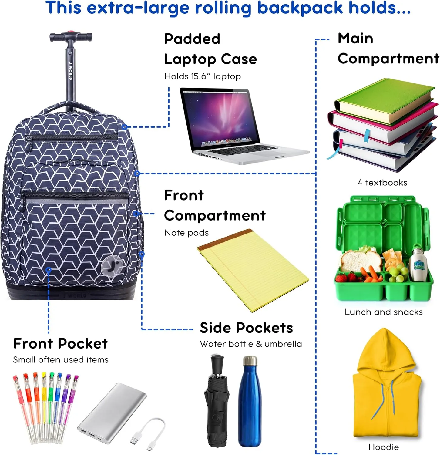 J World New York Sundance Rolling Backpack Girl Boy Roller Bookbag, Line, 20 Inch