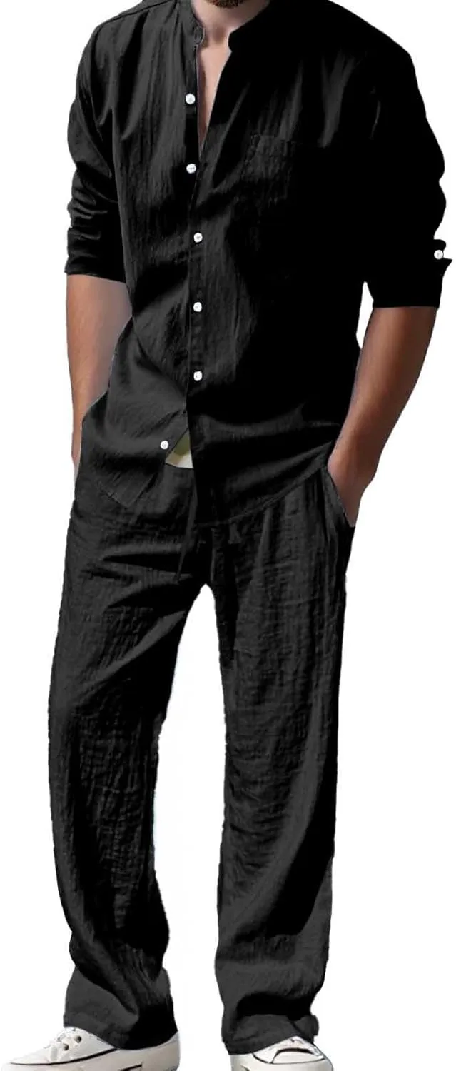 Jacquard Set Men, Summer Knitted Loose Fit Sweatshirt V-Neck Long Sleeve Tops and Drawstring Jogging Pants Suit 2 Piece
