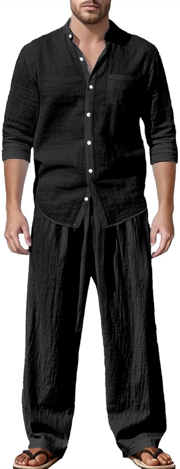 Jacquard Set Men, Summer Knitted Loose Fit Sweatshirt V-Neck Long Sleeve Tops and Drawstring Jogging Pants Suit 2 Piece