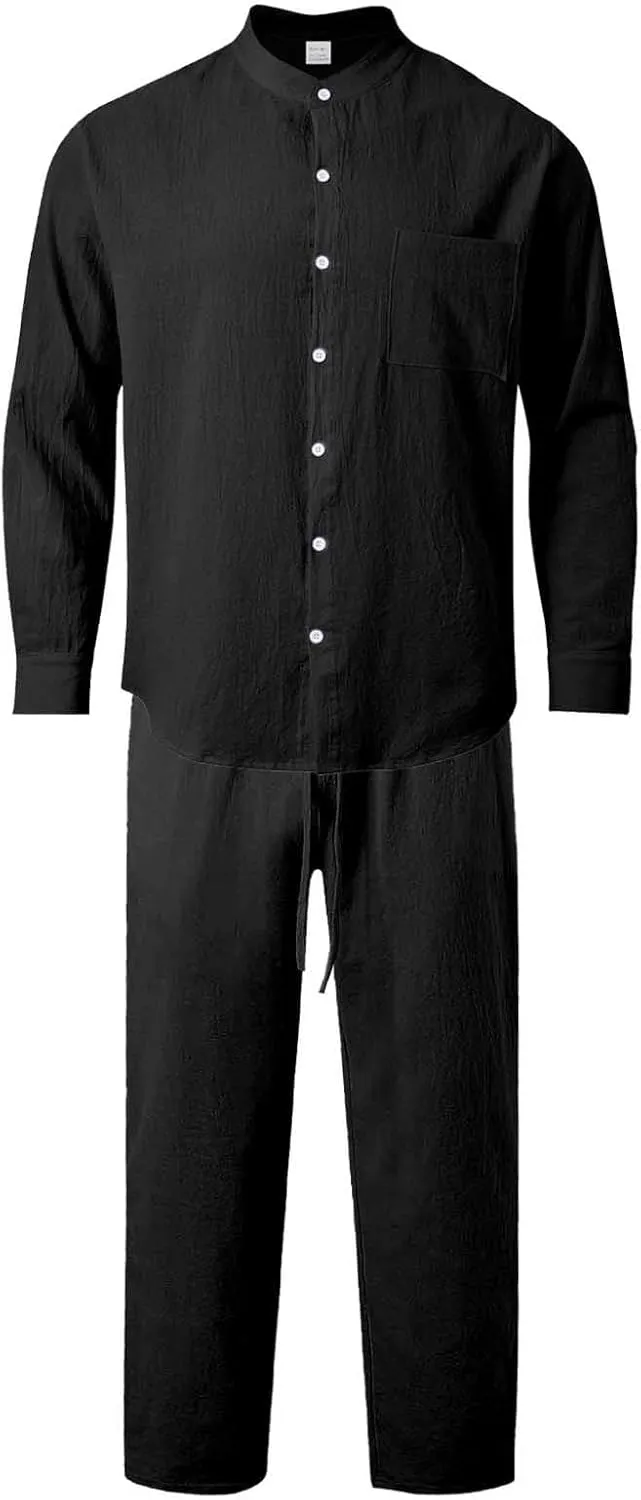 Jacquard Set Men, Summer Knitted Loose Fit Sweatshirt V-Neck Long Sleeve Tops and Drawstring Jogging Pants Suit 2 Piece