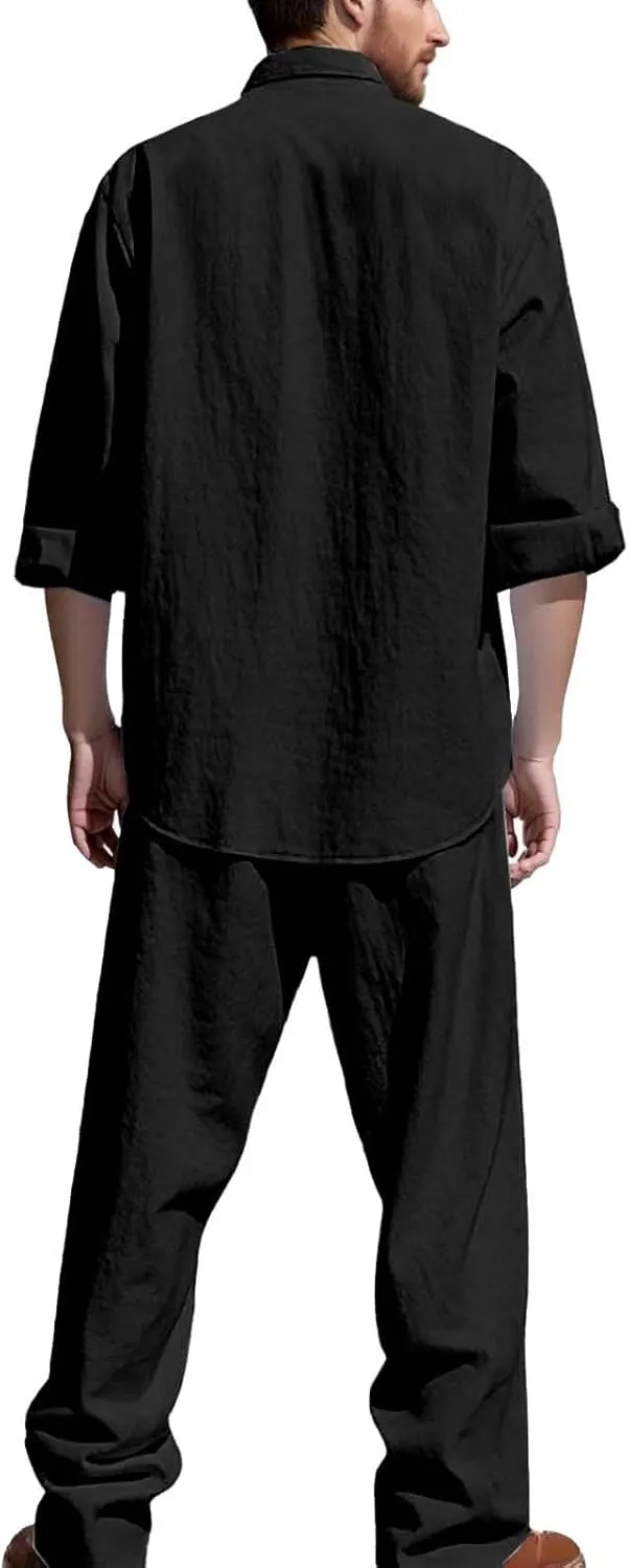 Jacquard Set Men, Summer Knitted Loose Fit Sweatshirt V-Neck Long Sleeve Tops and Drawstring Jogging Pants Suit 2 Piece