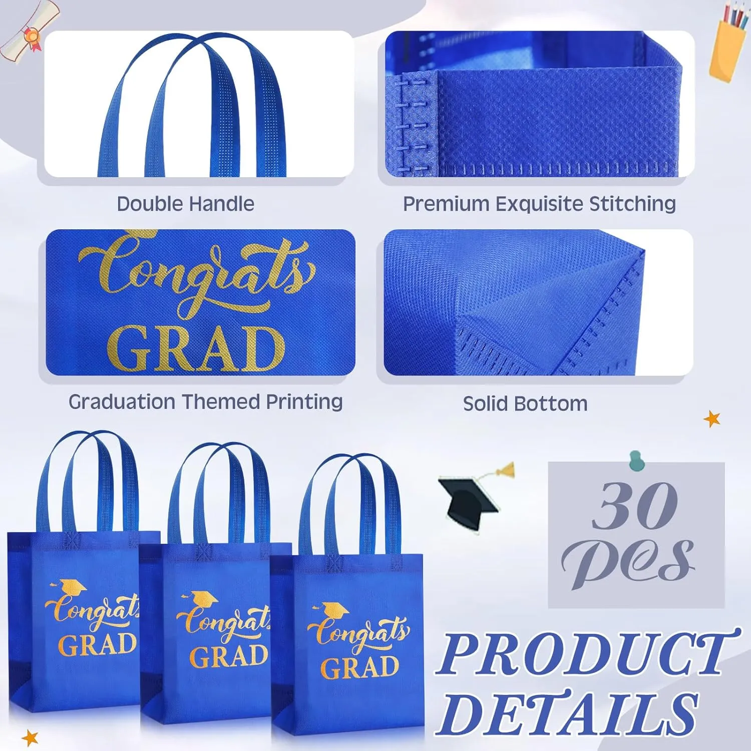 JaGely 30 Pcs Graduation Gift Bags with Handles Reusable Non Woven Congrats Grad Tote Bags Graduation Party Favor for College High School Graduate Decoration