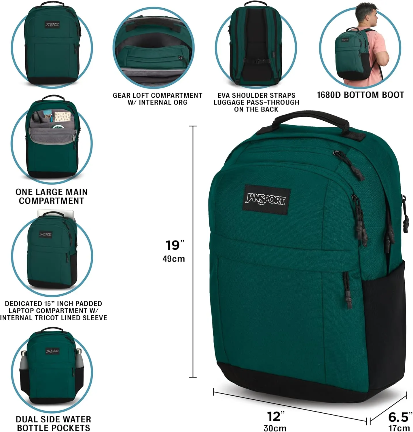 JanSport Landings Pack – Large Backpack with Soft Back Panel, Dual Water Bottle Pockets, 15-Inch Padded Laptop Compartment, Black