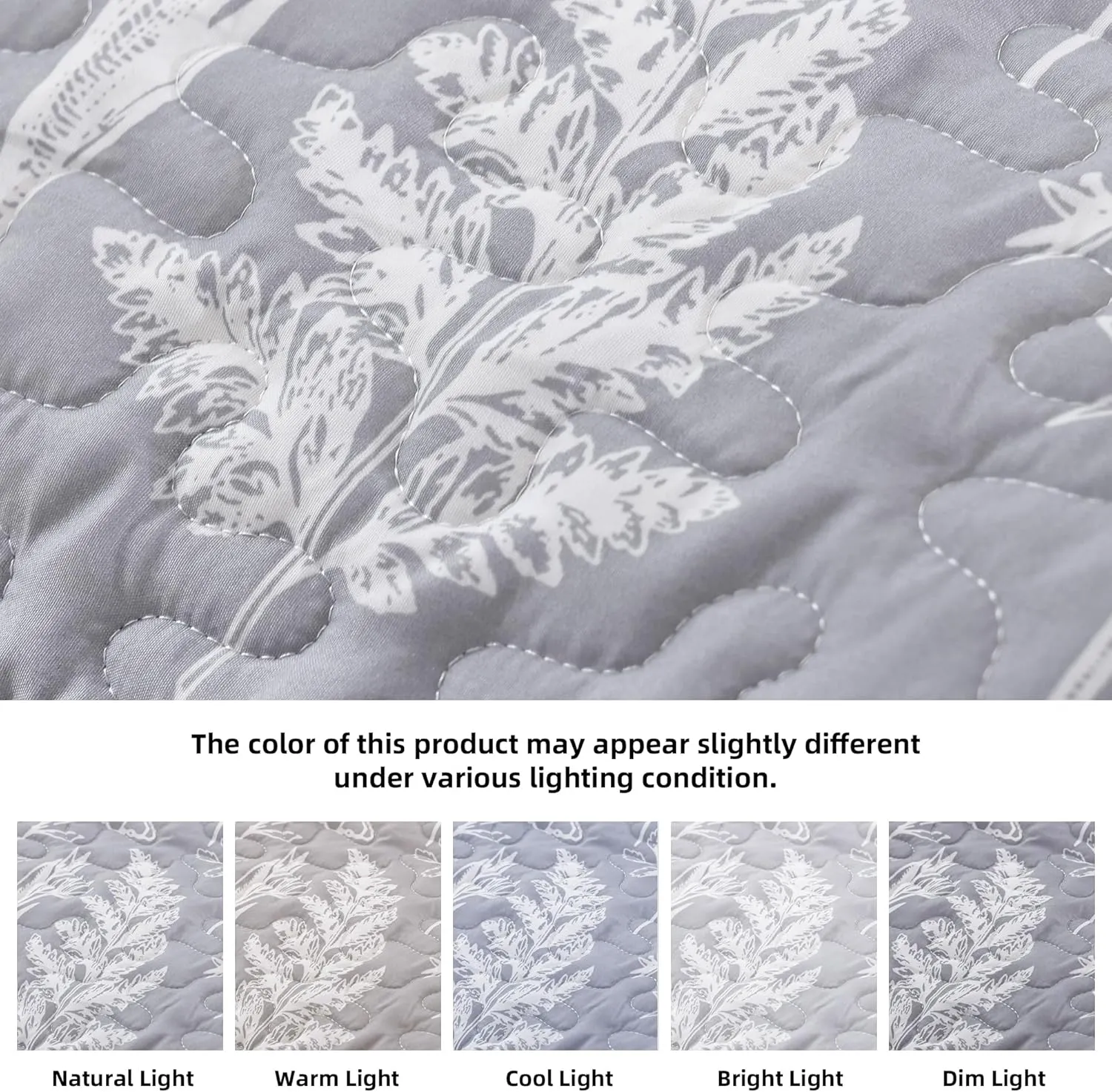 JANZAA Quilts Queen Size Bed Spread Botanical 3 Pieces Quilts Queen Size Sets with Floral Pattern Lightweight Microfiber Bedding Reversible 1 Quilt and 2 Pillow Cases-Grey