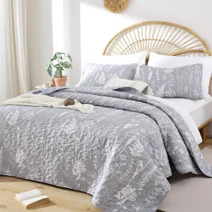 JANZAA Quilts Queen Size Bed Spread Botanical 3 Pieces Quilts Queen Size Sets with Floral Pattern Lightweight Microfiber Bedding Reversible 1 Quilt and 2 Pillow Cases-Grey
