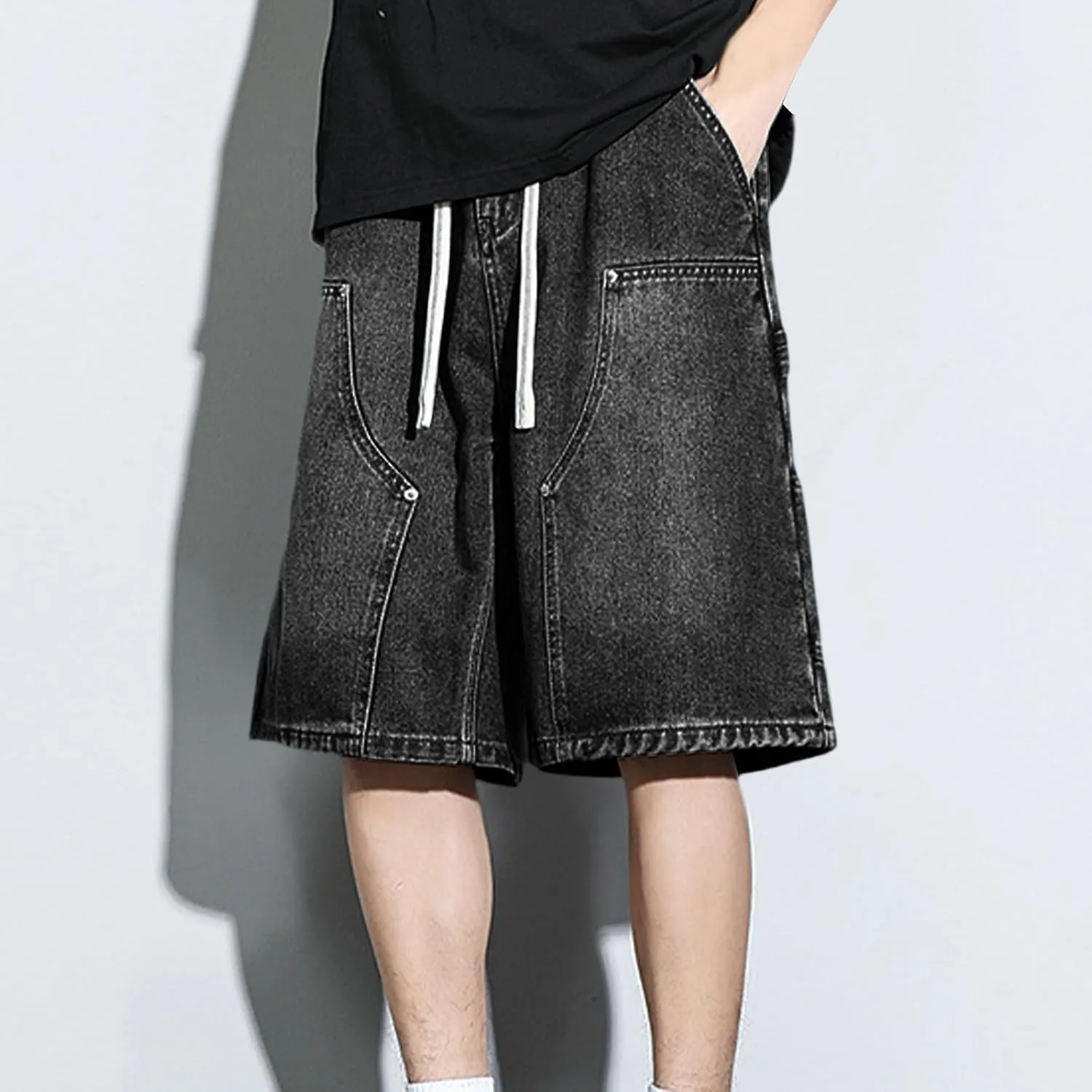 Jean Shorts Men Casual Drawstring Elastic Waist Shorts Wide Leg Plus Size Short Pants Fashion Clothes 2025 Summer