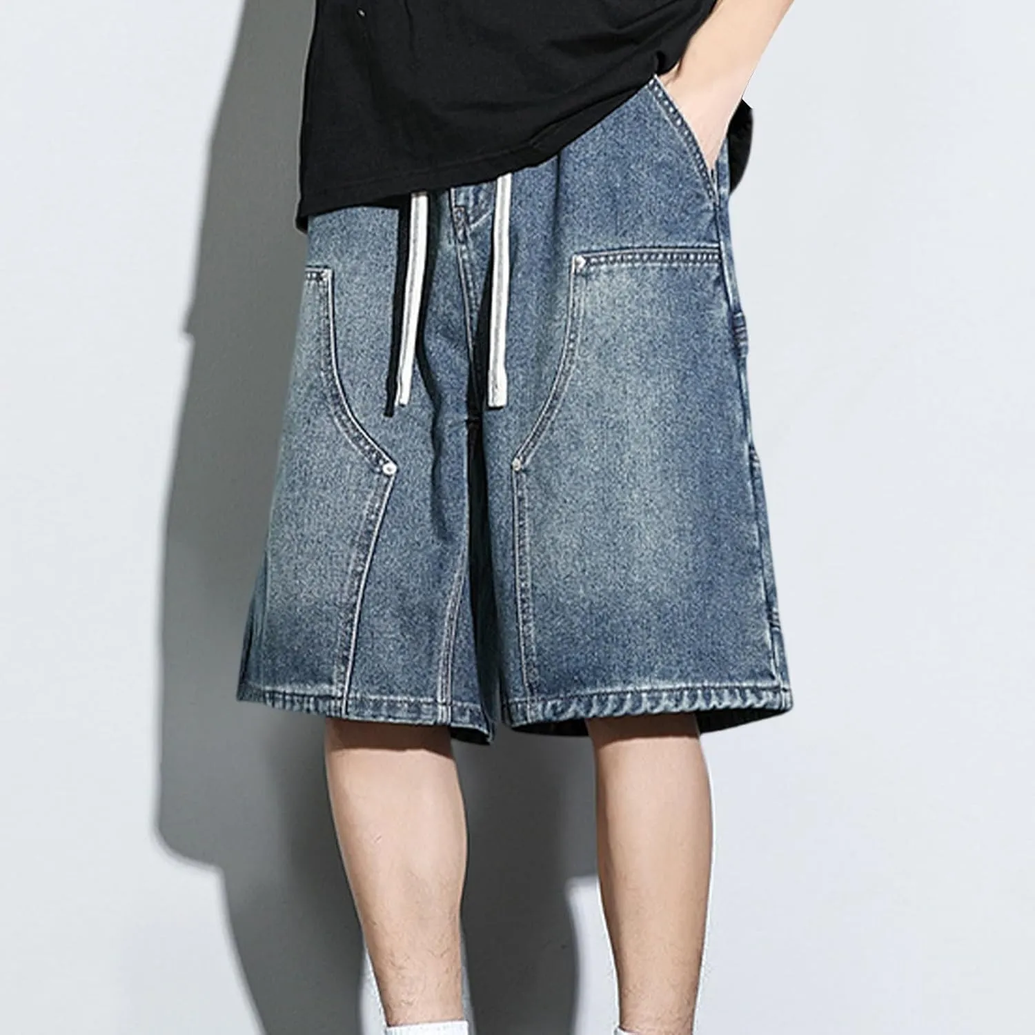 Jean Shorts Men Casual Drawstring Elastic Waist Shorts Wide Leg Plus Size Short Pants Fashion Clothes 2025 Summer