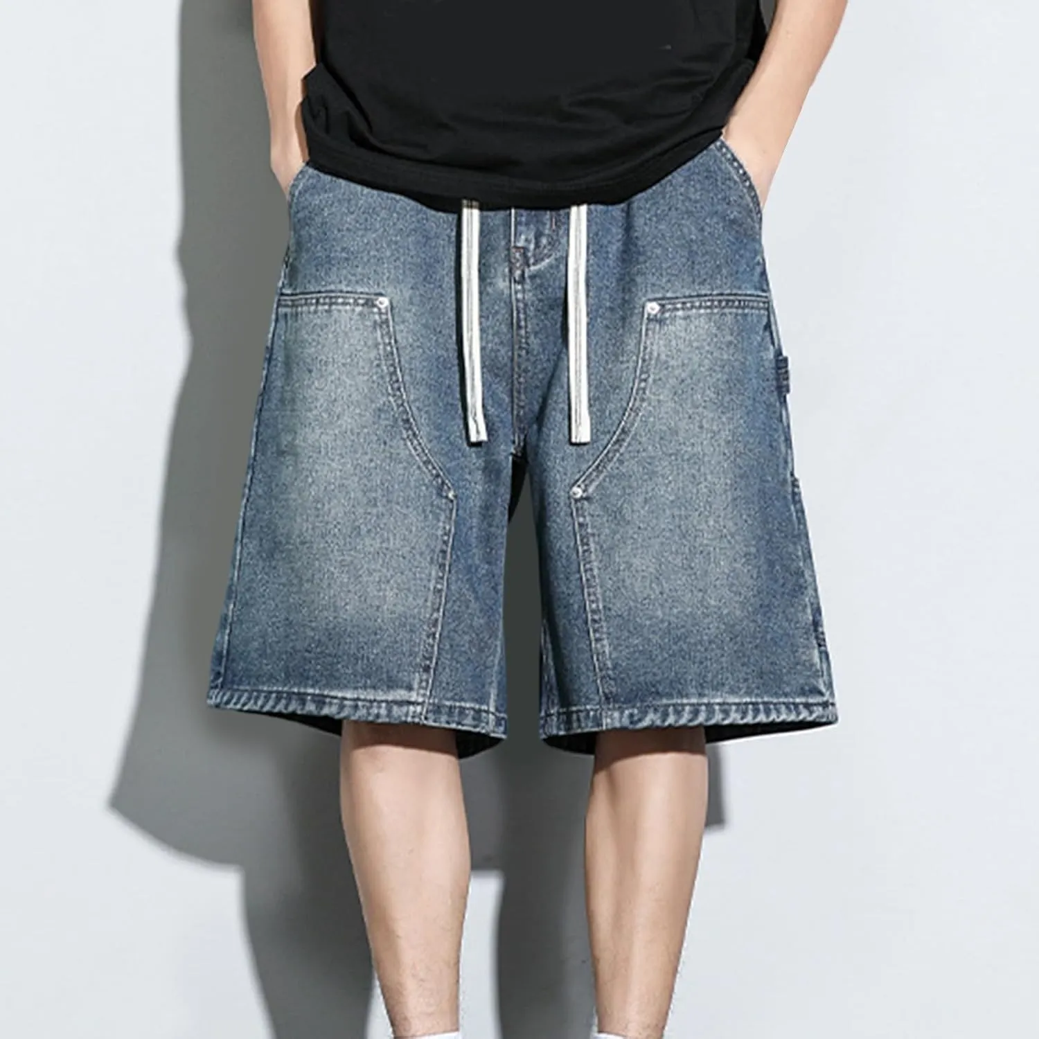 Jean Shorts Men Casual Drawstring Elastic Waist Shorts Wide Leg Plus Size Short Pants Fashion Clothes 2025 Summer