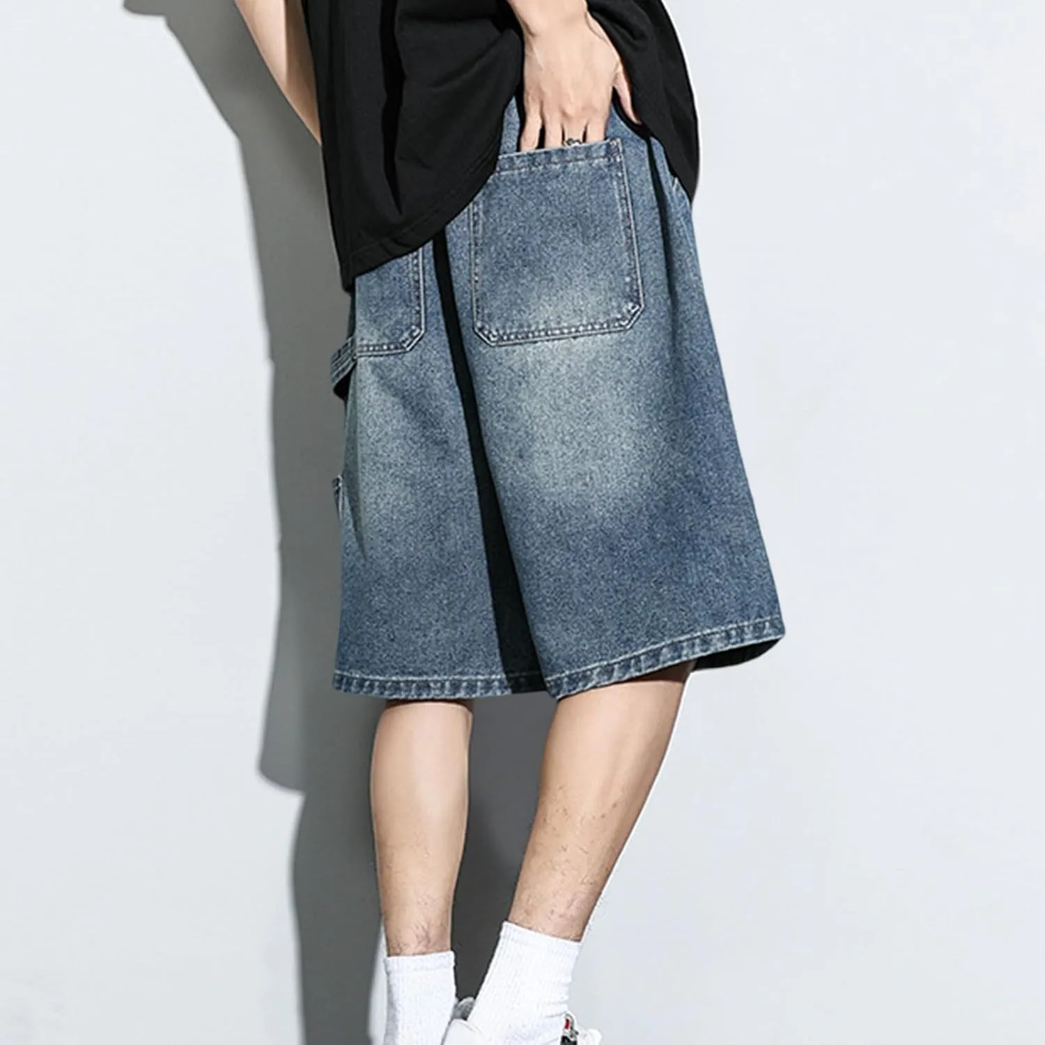 Jean Shorts Men Casual Drawstring Elastic Waist Shorts Wide Leg Plus Size Short Pants Fashion Clothes 2025 Summer