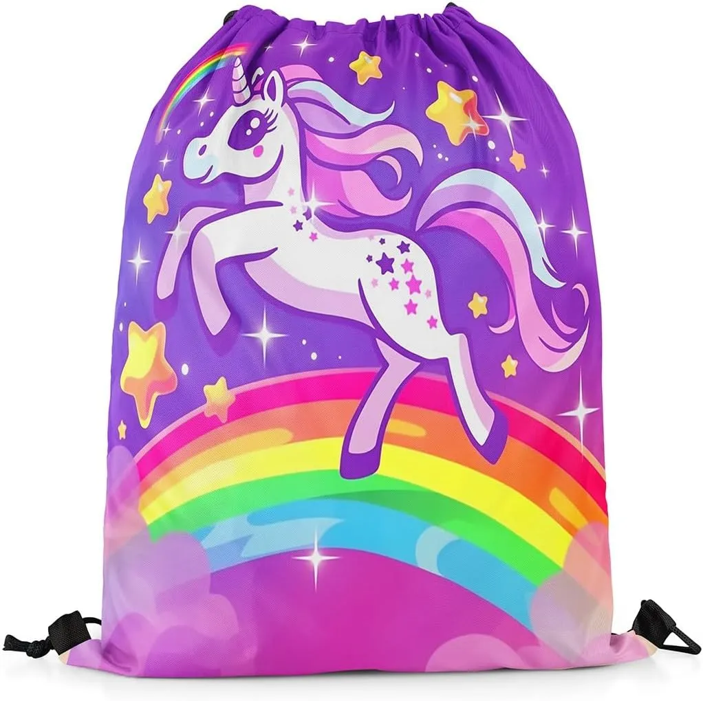 jejeloiu Cute Unicorn Drawstring Backpack 13"x15.7" Dreamy Horse Rainbow Sports Gym String Bag Unicorn Glitter Drawstring Bags Cute Animal Waterproof Cinch Bag Sports Drawstring Sackpack