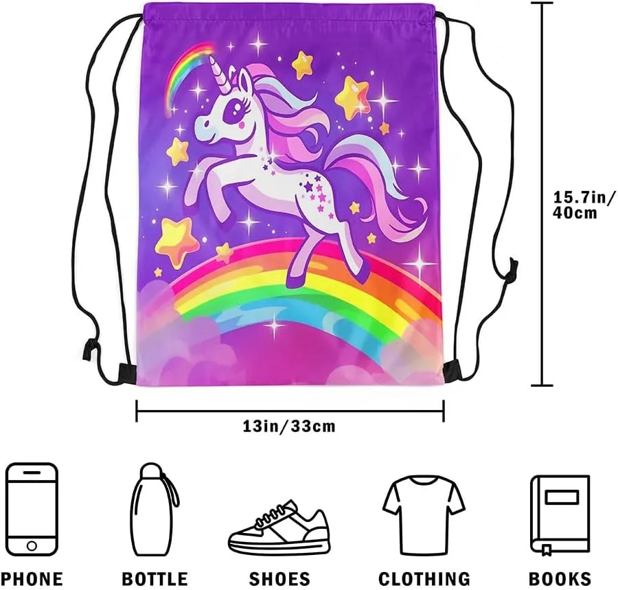 jejeloiu Cute Unicorn Drawstring Backpack 13"x15.7" Dreamy Horse Rainbow Sports Gym String Bag Unicorn Glitter Drawstring Bags Cute Animal Waterproof Cinch Bag Sports Drawstring Sackpack