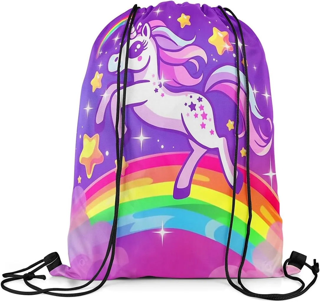 jejeloiu Cute Unicorn Drawstring Backpack 13"x15.7" Dreamy Horse Rainbow Sports Gym String Bag Unicorn Glitter Drawstring Bags Cute Animal Waterproof Cinch Bag Sports Drawstring Sackpack