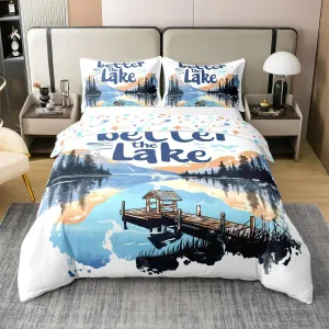 jejeloiu Lake 100% Cotton Duvet Cover King Size Kids Lakeside Fishing Comforter Cover for Boys Girls Teens Cabin Mountain Bedding Set Breathable Tree Bedroom Decor Bedclothes