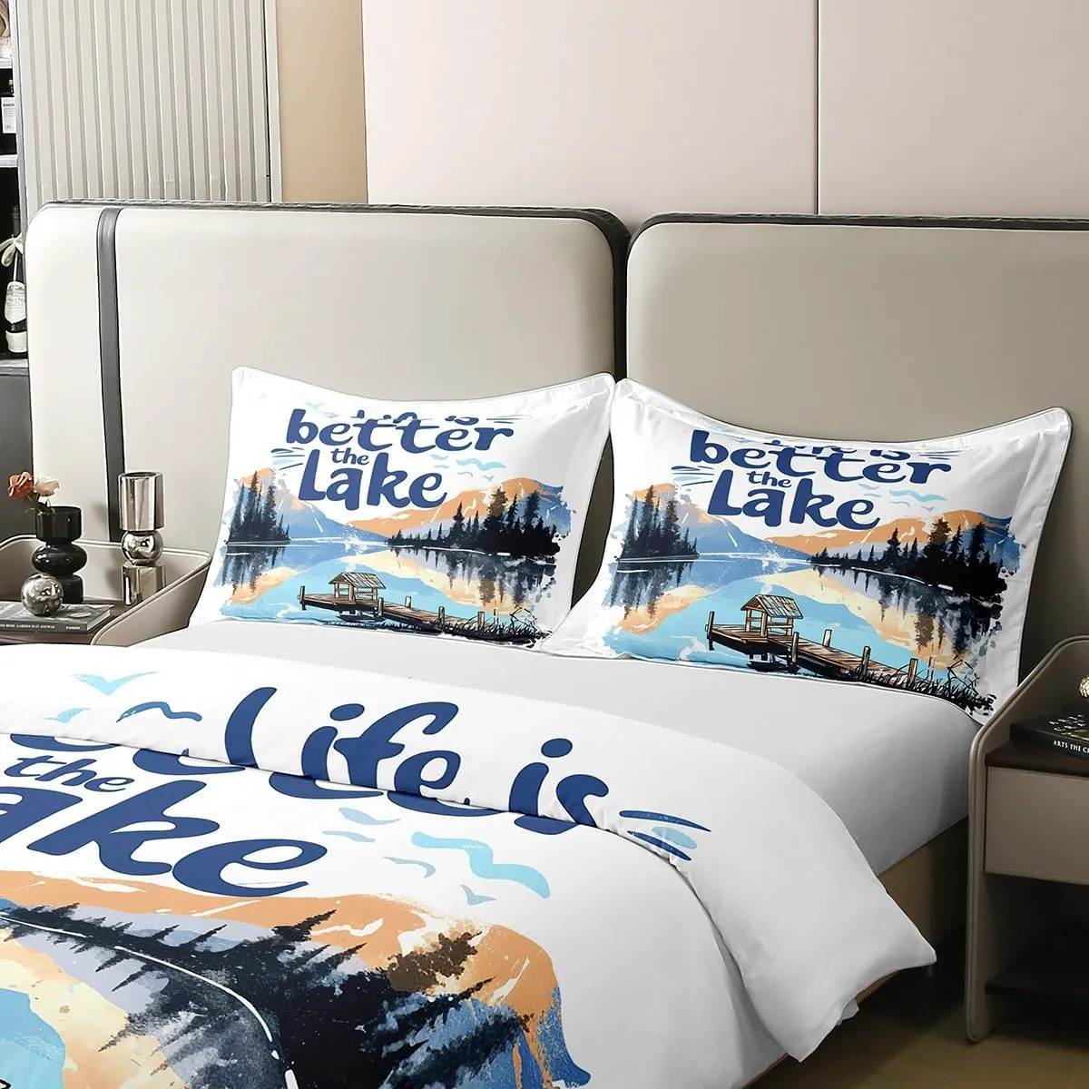jejeloiu Lake 100% Cotton Duvet Cover King Size Kids Lakeside Fishing Comforter Cover for Boys Girls Teens Cabin Mountain Bedding Set Breathable Tree Bedroom Decor Bedclothes