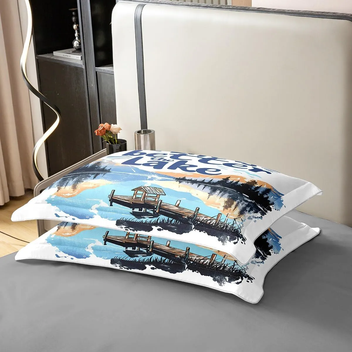 jejeloiu Lake 100% Cotton Duvet Cover King Size Kids Lakeside Fishing Comforter Cover for Boys Girls Teens Cabin Mountain Bedding Set Breathable Tree Bedroom Decor Bedclothes