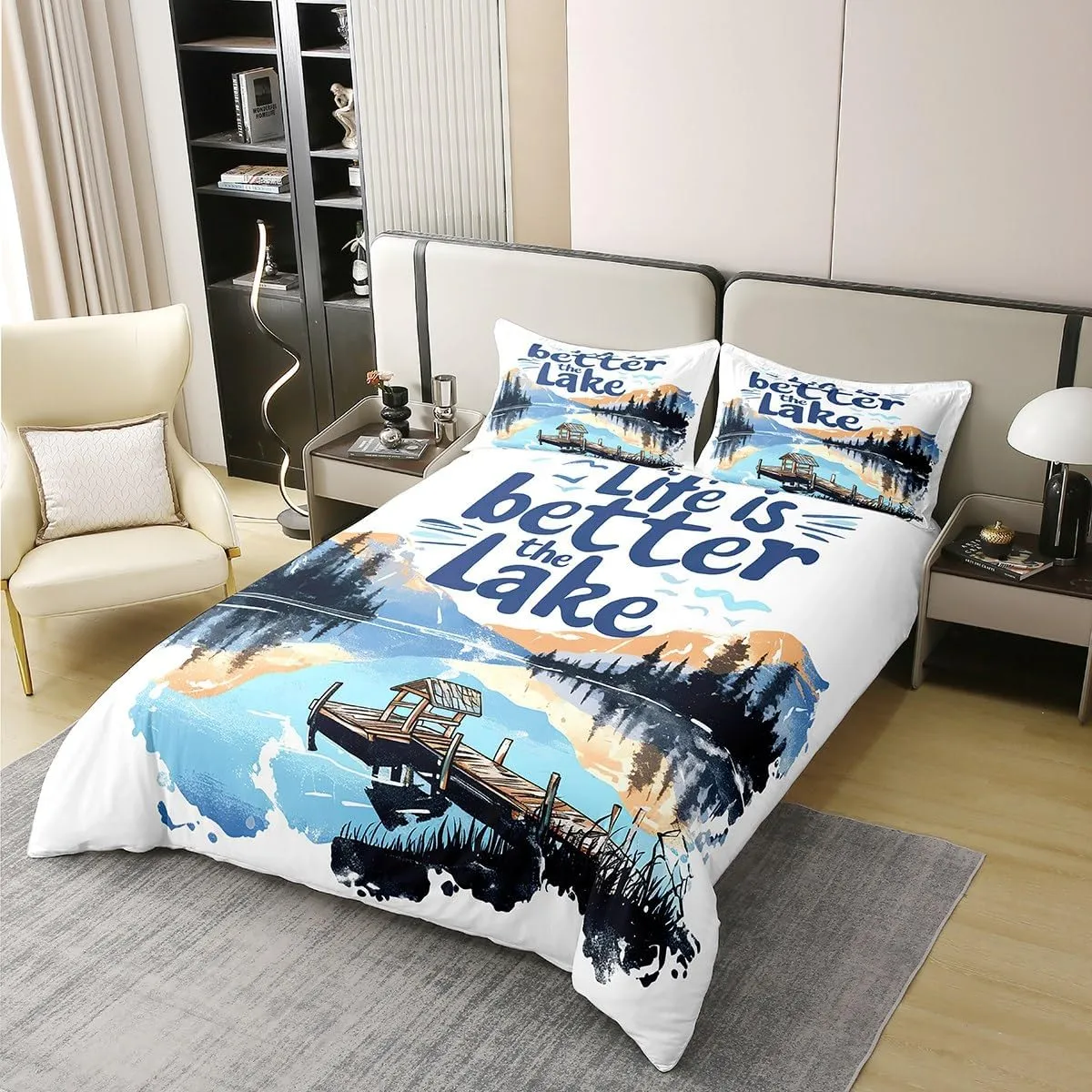 jejeloiu Lake 100% Cotton Duvet Cover King Size Kids Lakeside Fishing Comforter Cover for Boys Girls Teens Cabin Mountain Bedding Set Breathable Tree Bedroom Decor Bedclothes