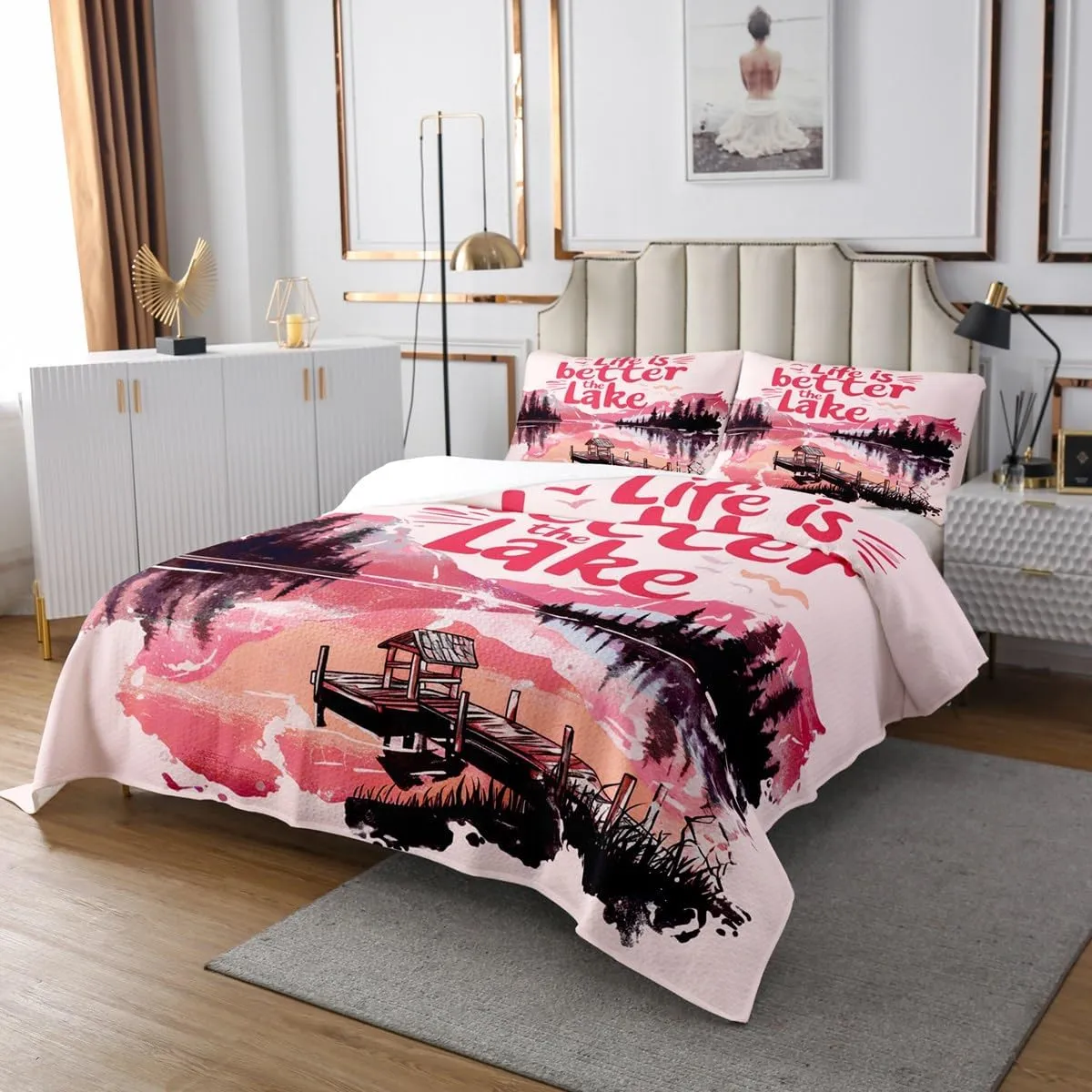 jejeloiu Pink Lake Bedspread King Size Kids Lakeside Fishing Coverlet Set for Boys Girls Teens Cabin Mountain Quilted Coverlet Tree Bedroom Decor