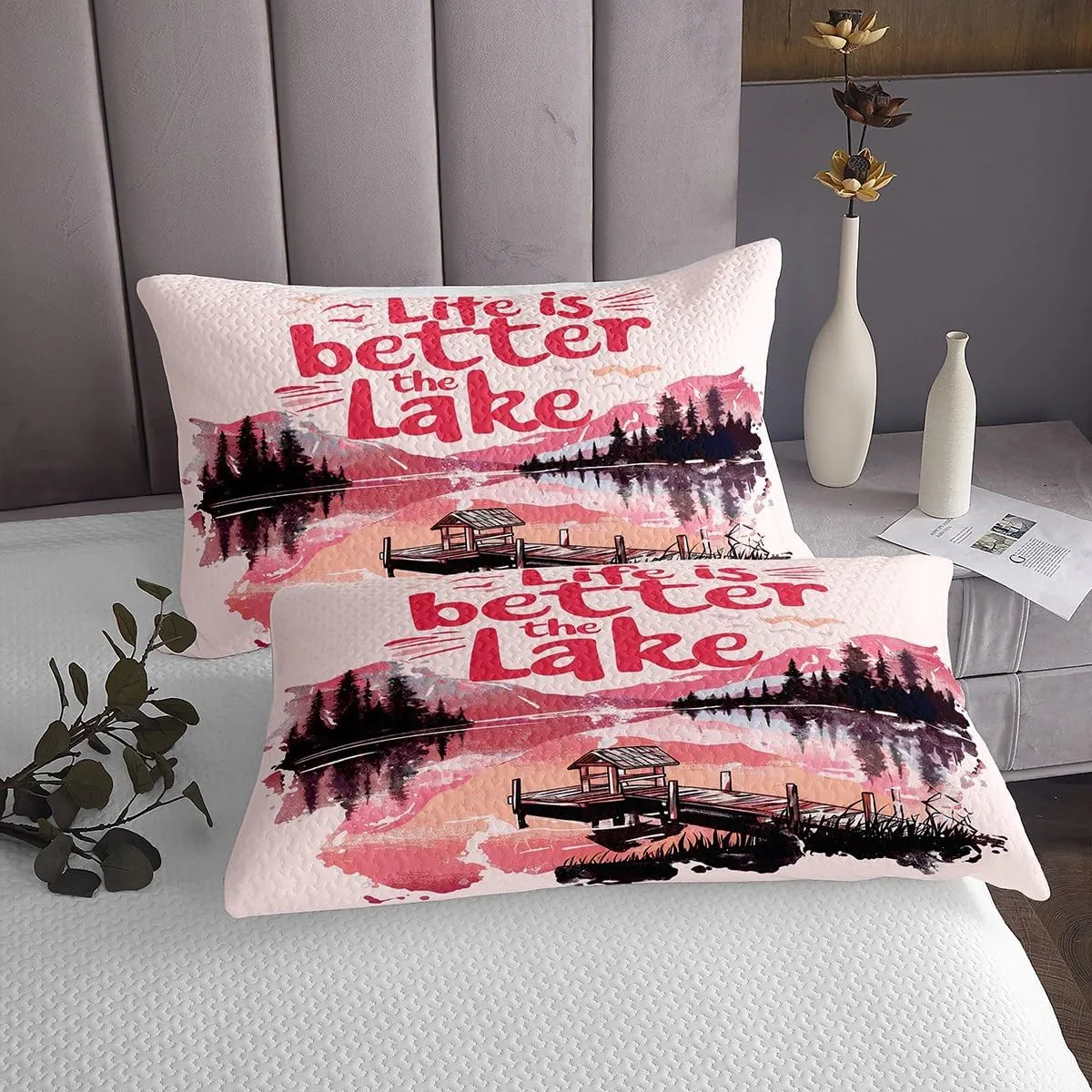 jejeloiu Pink Lake Bedspread King Size Kids Lakeside Fishing Coverlet Set for Boys Girls Teens Cabin Mountain Quilted Coverlet Tree Bedroom Decor