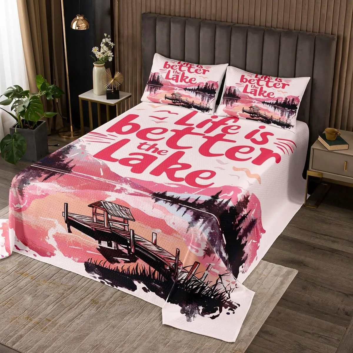 jejeloiu Pink Lake Bedspread King Size Kids Lakeside Fishing Coverlet Set for Boys Girls Teens Cabin Mountain Quilted Coverlet Tree Bedroom Decor
