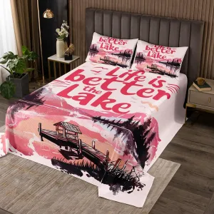 jejeloiu Pink Lake Bedspread King Size Kids Lakeside Fishing Coverlet Set for Boys Girls Teens Cabin Mountain Quilted Coverlet Tree Bedroom Decor