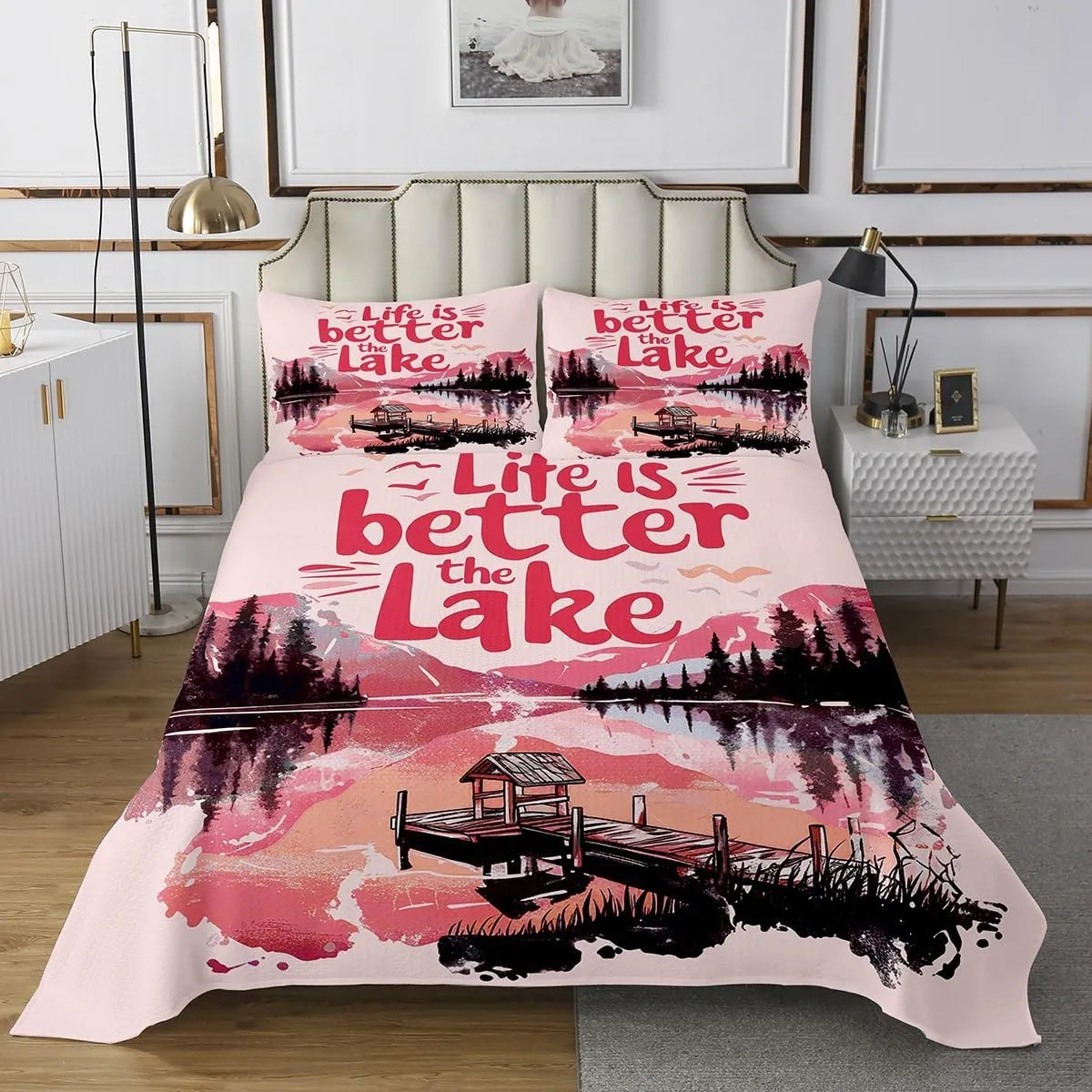 jejeloiu Pink Lake Bedspread King Size Kids Lakeside Fishing Coverlet Set for Boys Girls Teens Cabin Mountain Quilted Coverlet Tree Bedroom Decor