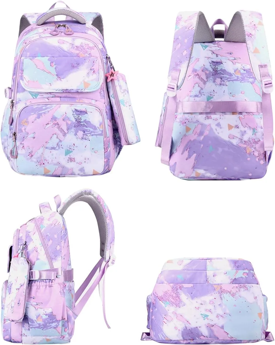 JiaYou Junior Middle School 3Pcs Backpack Sets High School Laptop Bag Marble pattern Daypack with Lunch bag(Dark Blue,34 Liters)