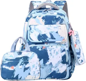 JiaYou Junior Middle School 3Pcs Backpack Sets High School Laptop Bag Marble pattern Daypack with Lunch bag(Dark Blue,34 Liters)