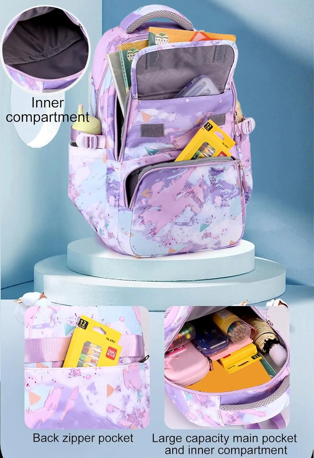 JiaYou Junior Middle School 3Pcs Backpack Sets High School Laptop Bag Marble pattern Daypack with Lunch bag(Dark Blue,34 Liters)