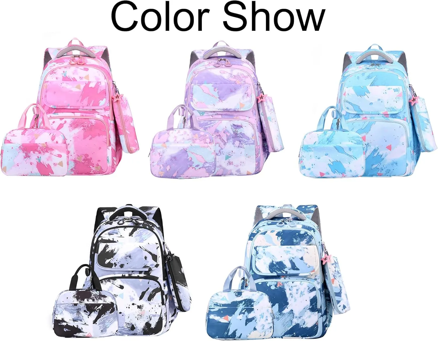 JiaYou Junior Middle School 3Pcs Backpack Sets High School Laptop Bag Marble pattern Daypack with Lunch bag(Dark Blue,34 Liters)