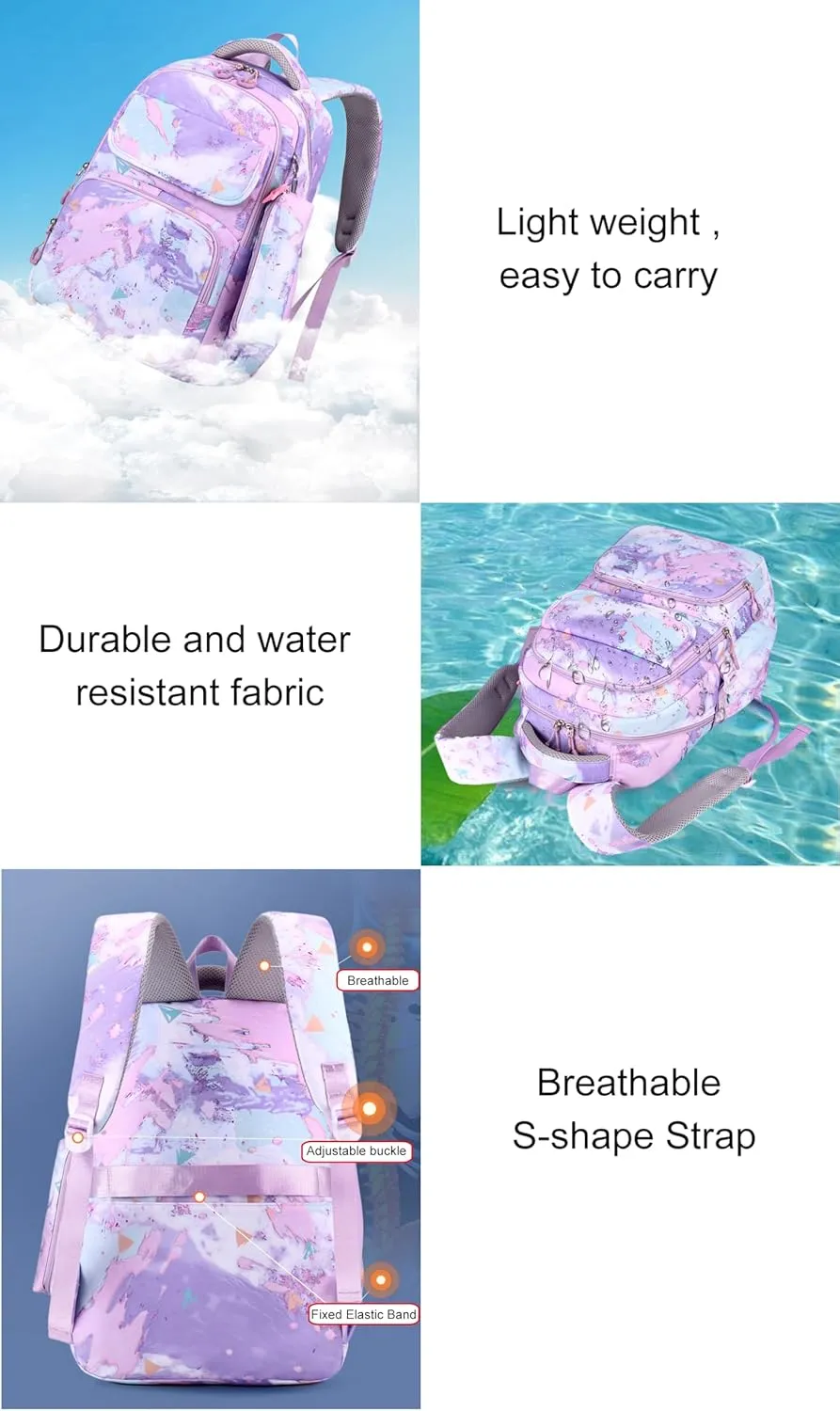 JiaYou Junior Middle School 3Pcs Backpack Sets High School Laptop Bag Marble pattern Daypack with Lunch bag(Dark Blue,34 Liters)