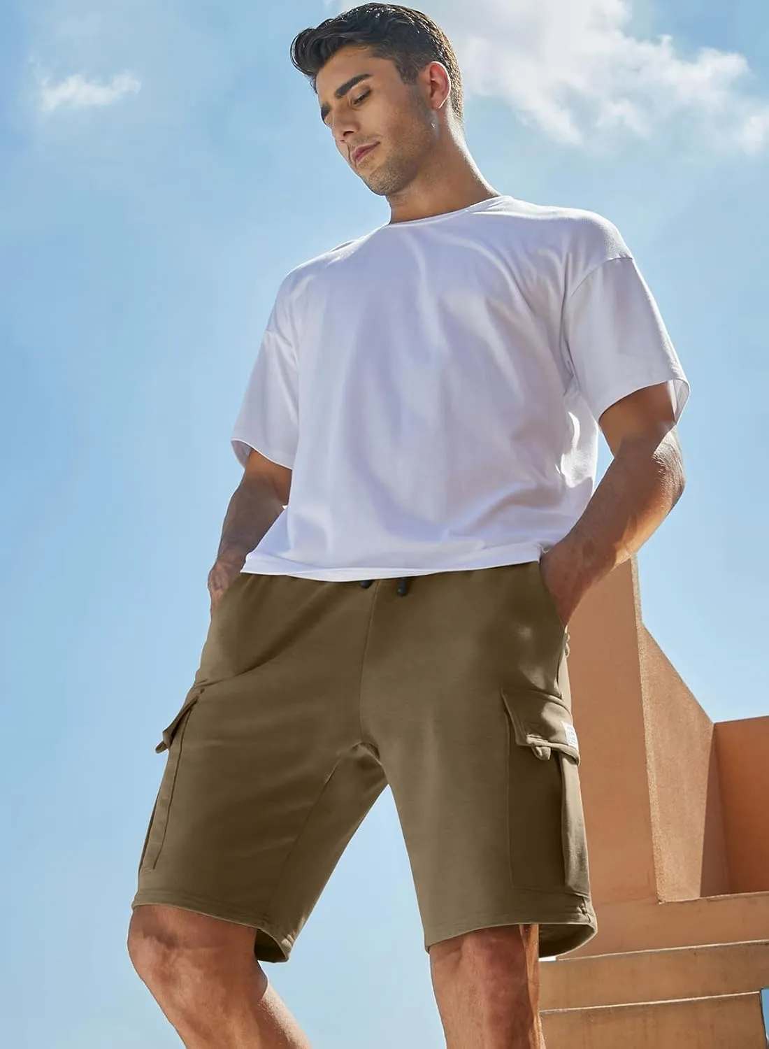 JMIERR Mens Cargo Sweat Shorts - Casual Drawstring Elastic Waist Cotton Athletic Workout Gym Jogger Shorts with 5 Pockets